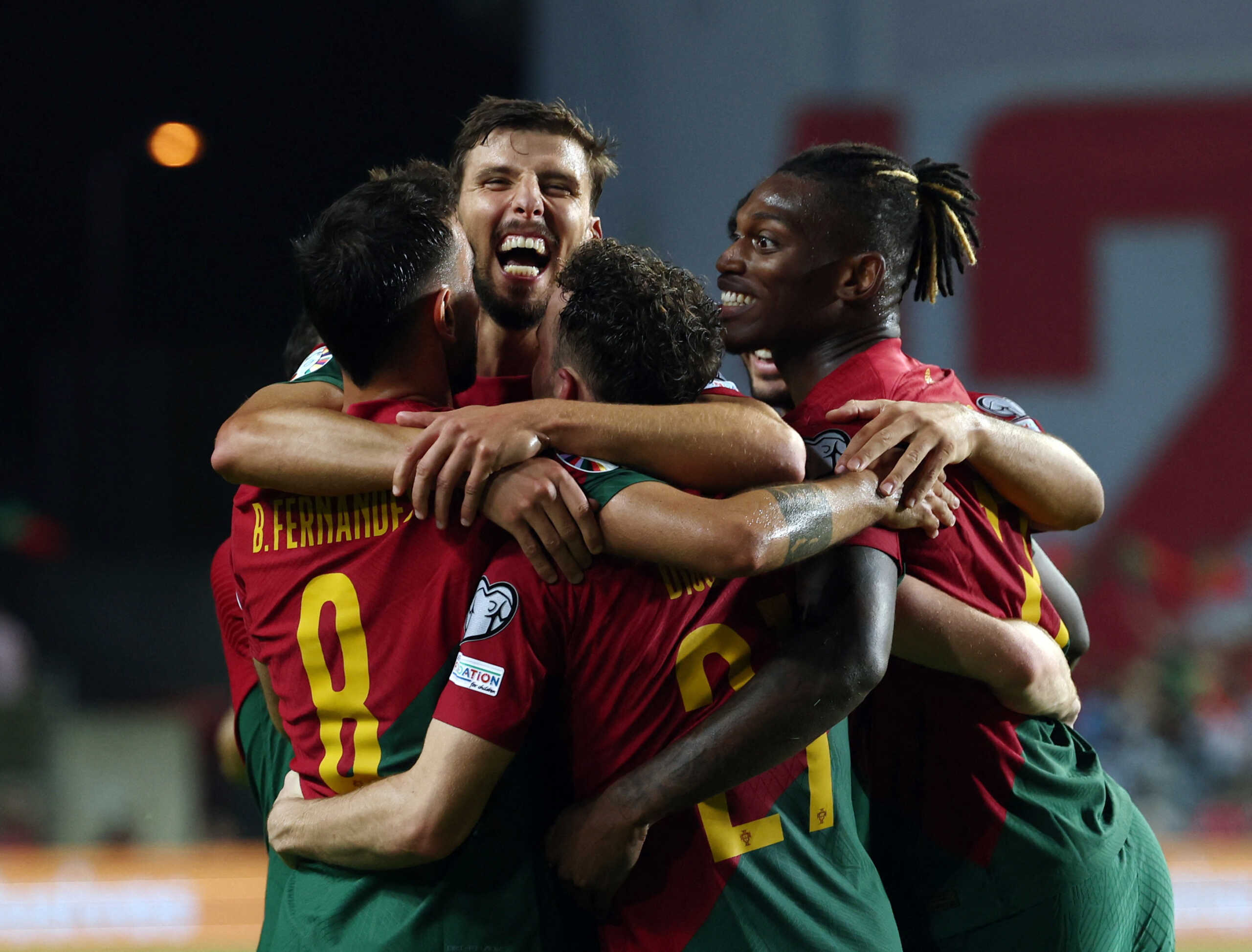 Soccer Football - Euro 2024 Qualifier - Group J - Portugal v Luxembourg - Estadio Algarve, Almancil, Portugal - September 11, 2023 Portugal's Diogo Jota celebrates scoring their fifth goal with Rafael Leao, Ruben Dias and Bruno Fernandes REUTERS