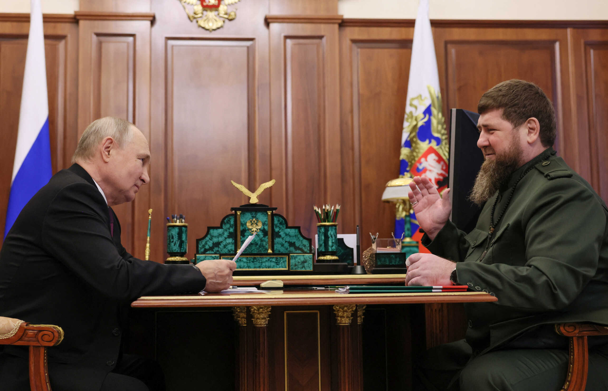 Russian President Vladimir Putin attends a meeting with Chechen leader Ramzan Kadyrov in Moscow, Russia, September 28, 2023. Sputnik