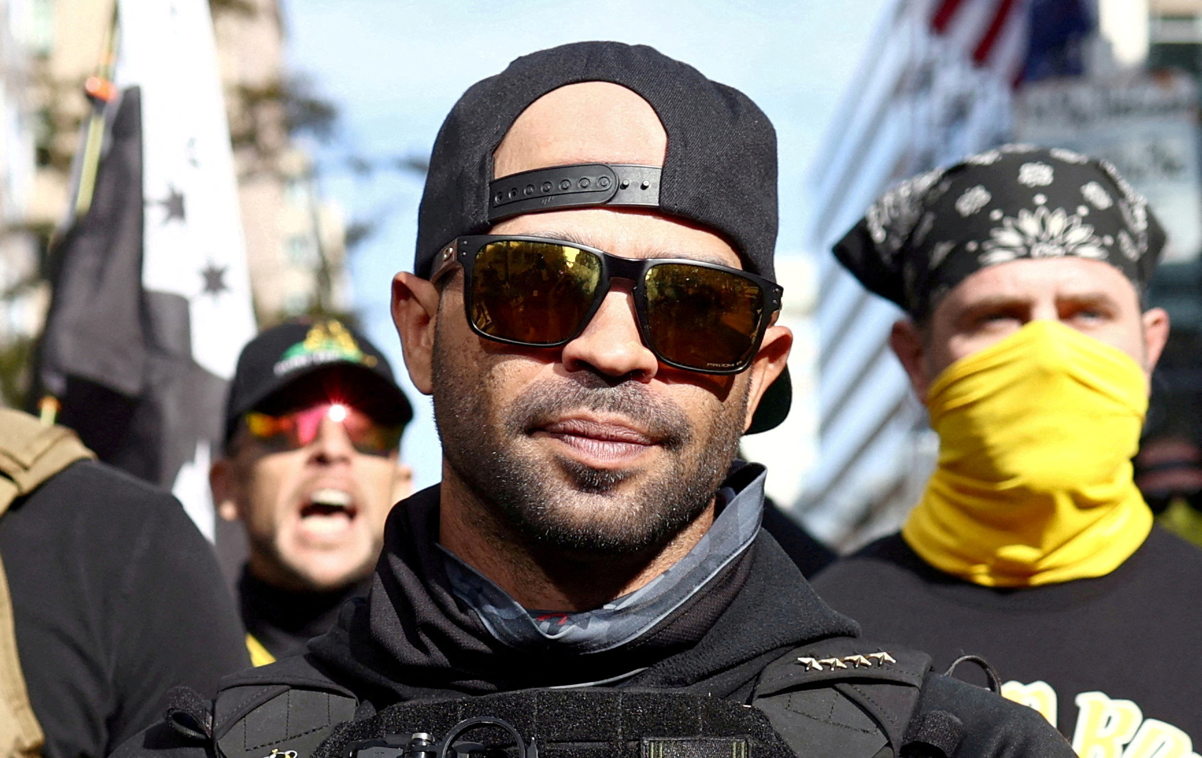 FILE PHOTO: Members of the far-right Proud Boys, including leader Enrique Tarrio (C), rally in support of U.S. President Donald Trump to protest against the results of the 2020 U.S. presidential election, in Washington, U.S. November 14, 2020.   REUTERS