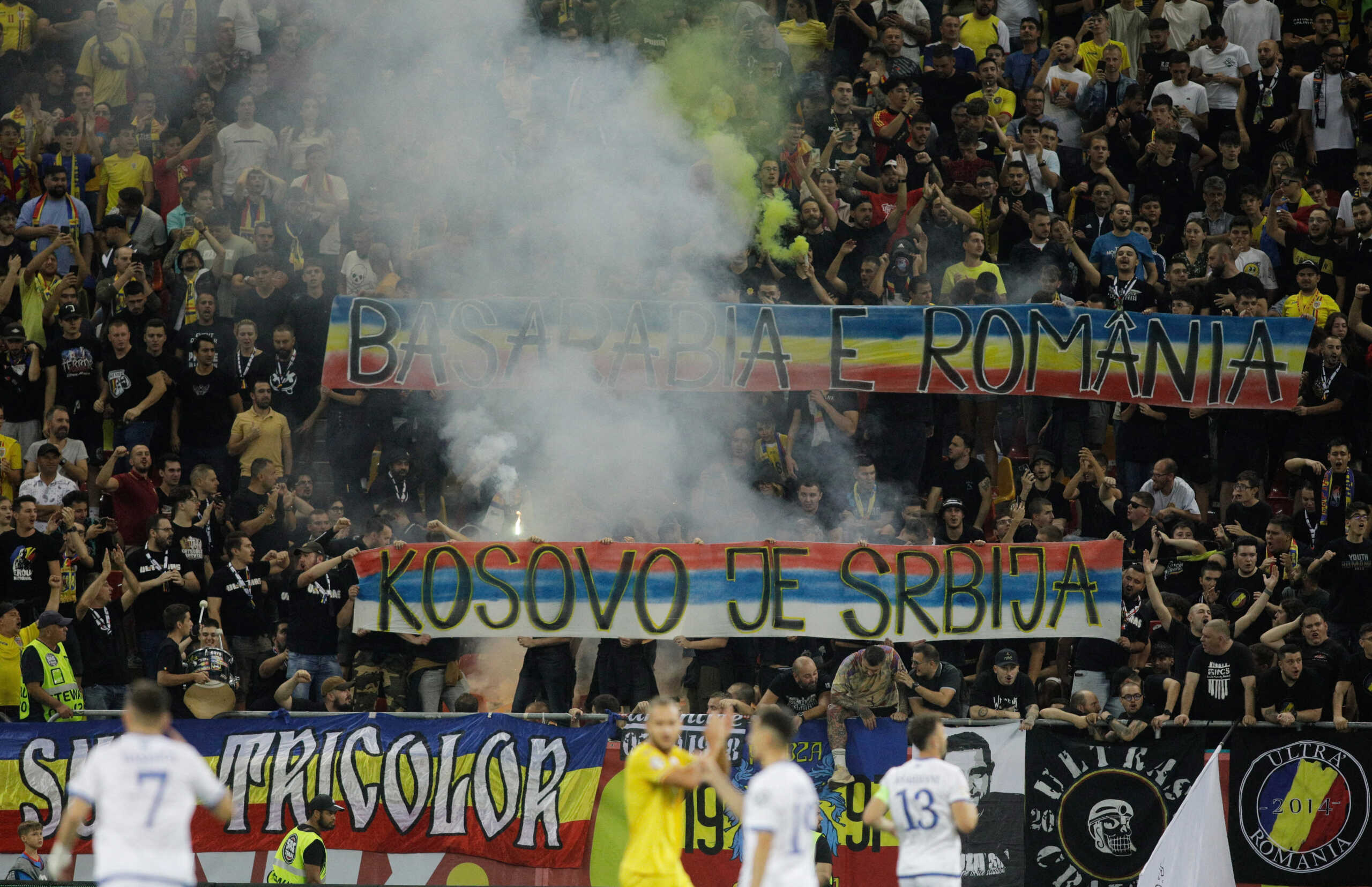 Soccer Football - Euro 2024 Qualifier - Group I - Romania v Kosovo - National Arena, Bucharest, Romania - September 12, 2023 Romania fans inside the stadium hold up banners which subsequently suspends play Inquam Photos via REUTERS