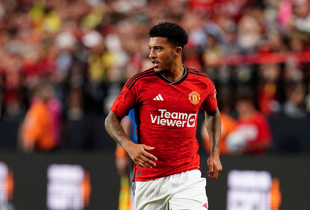 FILE PHOTO: Jul 30, 2023; Las Vegas, Nevada, USA; Manchester United forward Jadon Sancho (25) runs with the ball during the first half against Borussia Dortmund at Allegiant Stadium. Mandatory Credit: Lucas Peltier-USA TODAY Sports