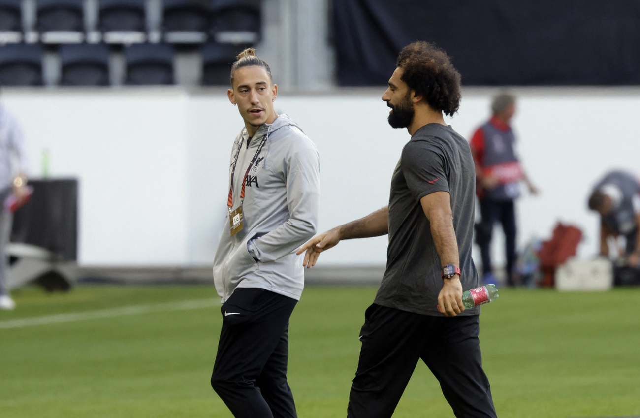 Soccer Football - Europa League - Group E - LASK Linz v Liverpool - Raiffeisen Arena, Linz, Austria - September 21, 2023 Liverpool's Kostas Tsimikas and Mohamed Salah on the pitch before the match REUTERS