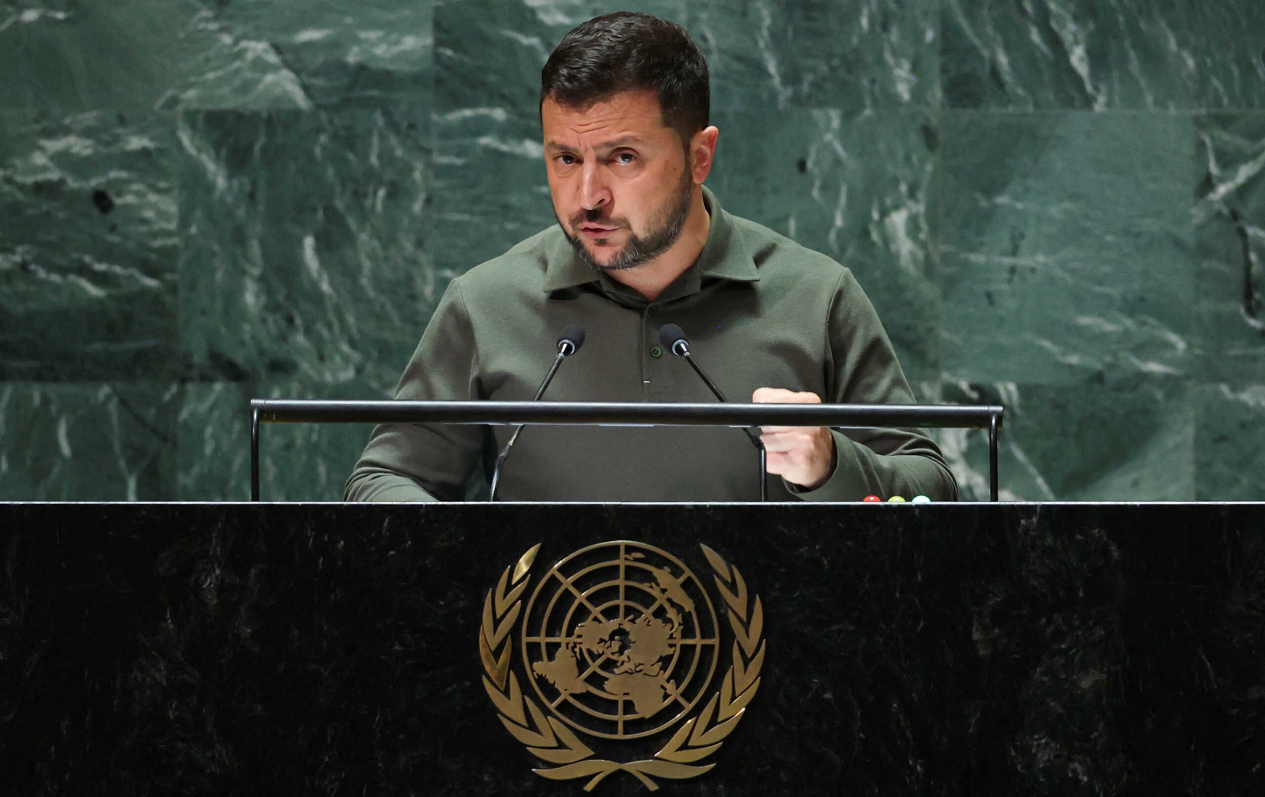 Ukraine's President Volodymyr Zelenskiy addresses the 78th Session of the U.N. General Assembly in New York City, U.S., September 19, 2023.  REUTERS