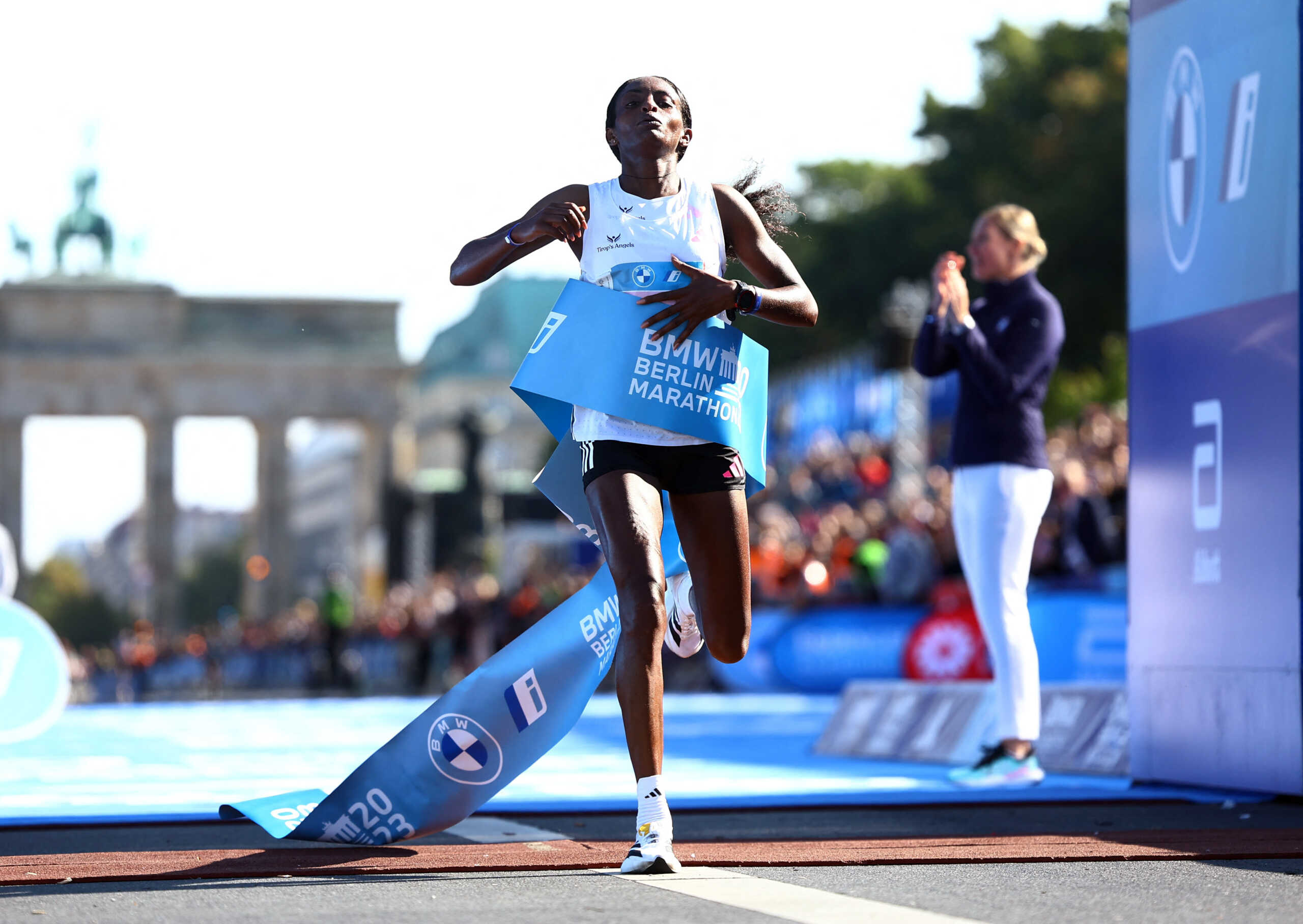 Athletics - Berlin Marathon - Berlin, Germany - September 24, 2023 Ethiopia's Tigist Assefa crosses the finish line to win the women's Berlin Marathon REUTERS