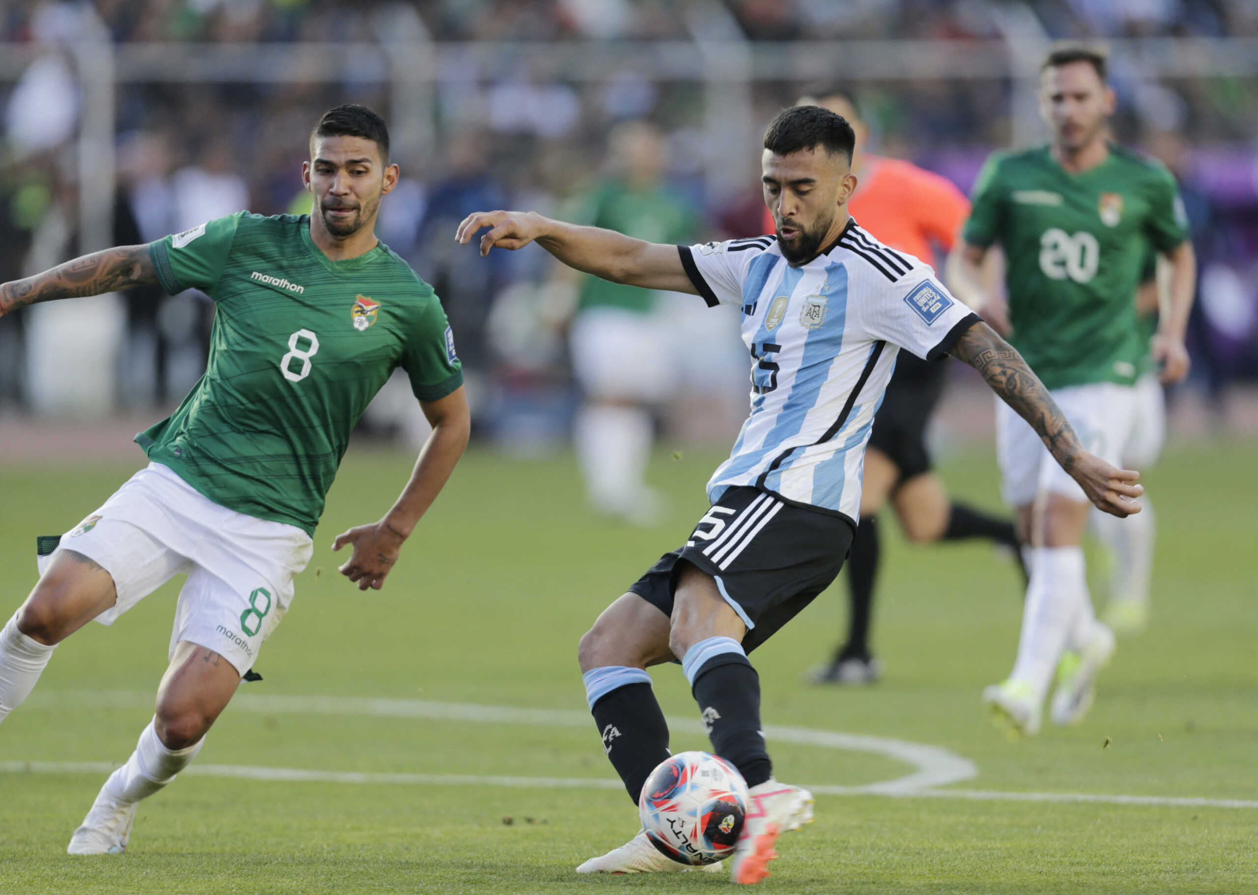 Soccer Football - World Cup - South American Qualifiers - Bolivia v Argentina - Estadio Hernando Siles, La Paz, Bolivia - September 12, 2023 Argentina's Nicolas Gonzalez scores their third goal REUTERS
