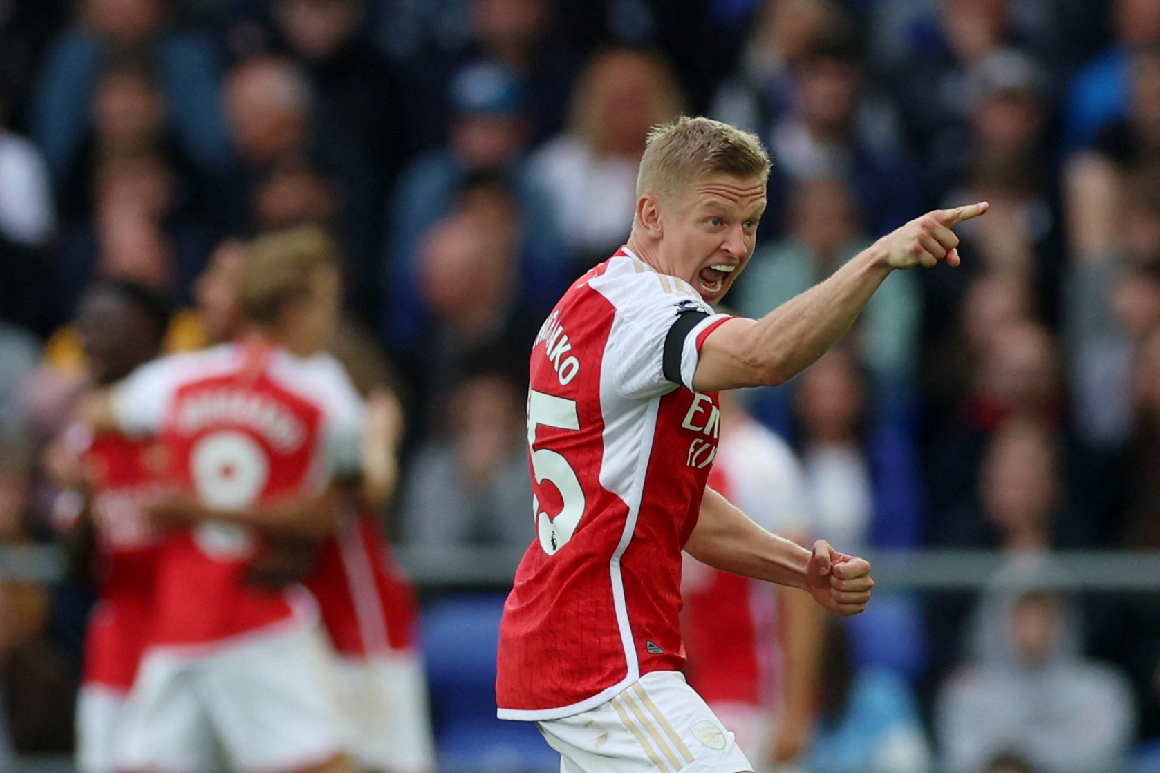 Soccer Football - Premier League - Everton v Arsenal - Goodison Park, Liverpool, Britain - September 17, 2023 Arsenal's Oleksandr Zinchenko celebrates after Leandro Trossard scores their first goal Action Images via Reuters