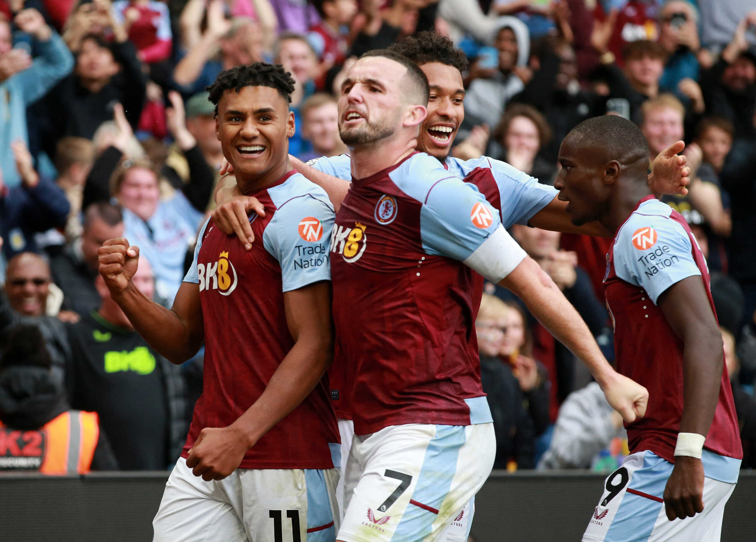 Soccer Football - Premier League - Aston Villa v Brighton & Hove Albion - Villa Park, Birmingham, Britain - September 30, 2023 Aston Villa's Ollie Watkins celebrates scoring their fourth goal with Moussa Diaby, Boubacar Kamara and John McGinn and completes his hat-trick Action Images via Reuters
