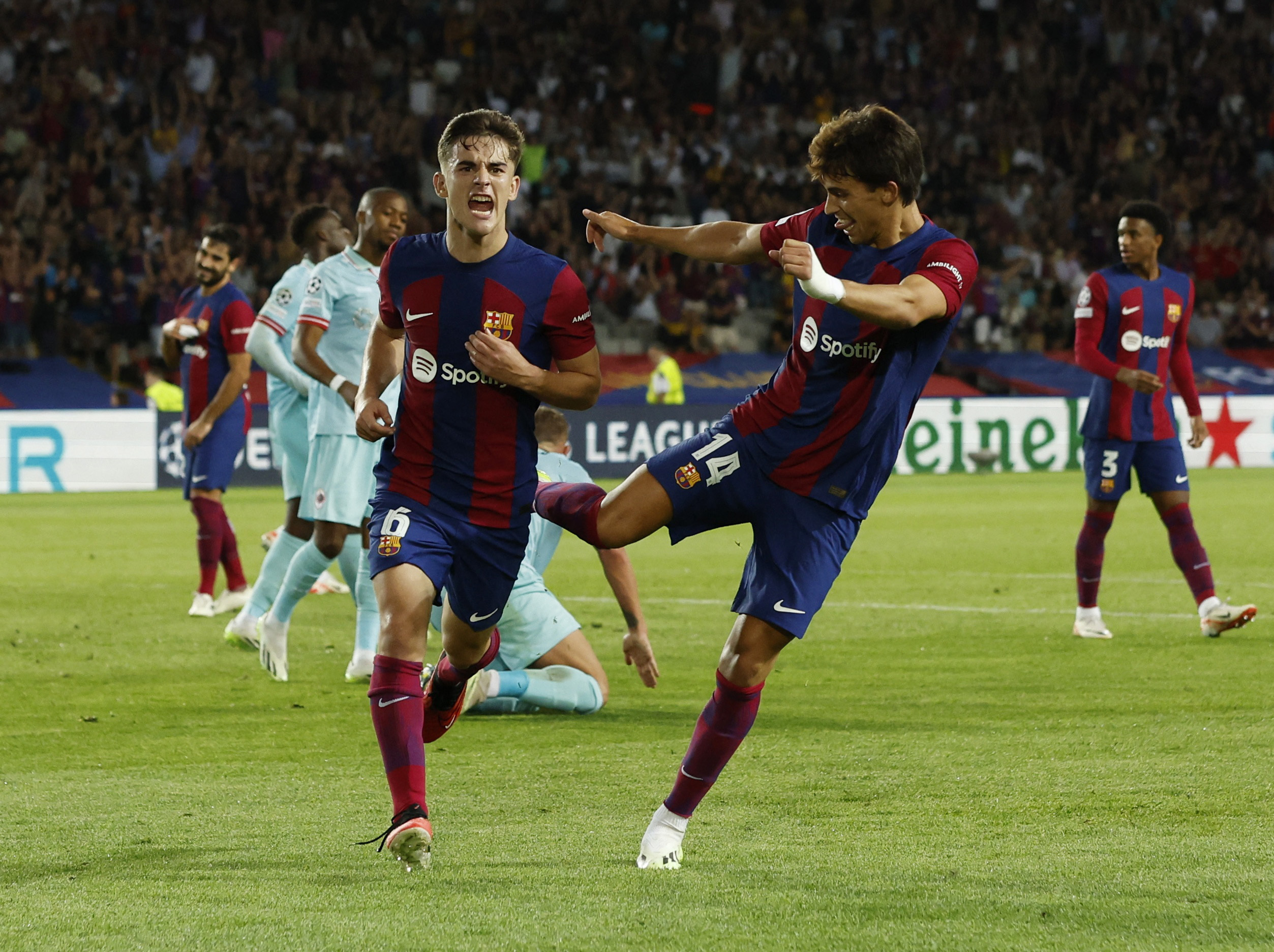 Soccer Football - Champions League - Group H - FC Barcelona v Royal Antwerp - Estadi Olimpic Lluis Companys, Barcelona, Spain - September 19, 2023 FC Barcelona's Gavi celebrates scoring their fourth goal with Joao Felix REUTERS