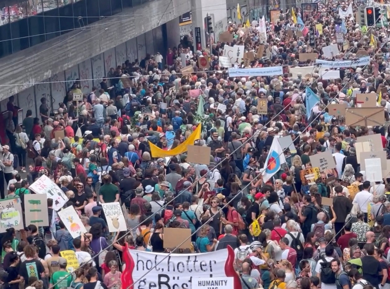 Protesters gather demanding policies to combat climate change in Bern, Switzerland September 30, 2023,  in this screen grab obtained from social media video. Setayesh Ansari