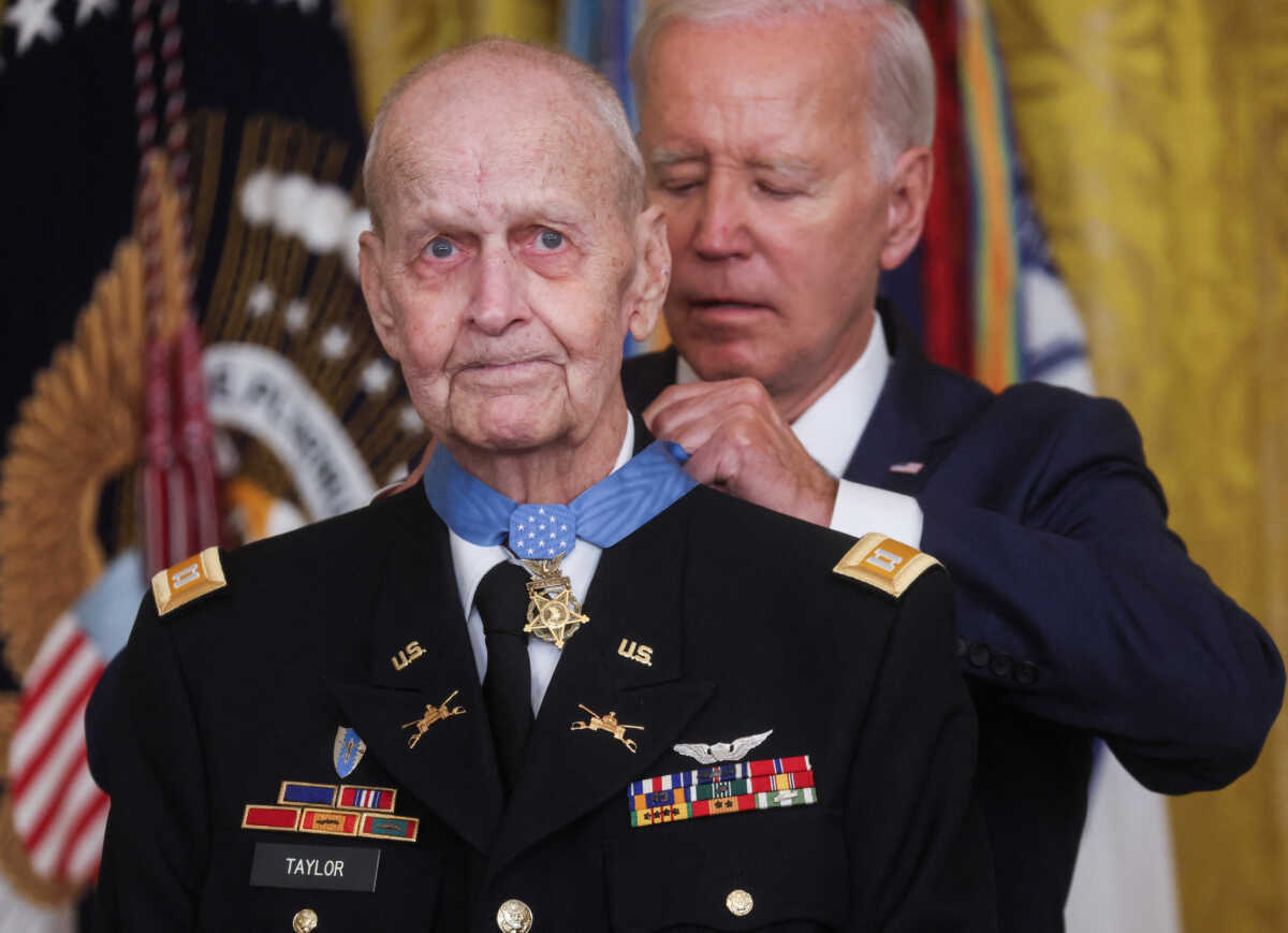 U.S. President Joe Biden awards the Medal of Honor to retired Army Captain Larry Taylor for conspicuous gallantry during the Vietnam War, during a ceremony in the East Room at the White House in Washington, U.S., September 5, 2023. REUTERS