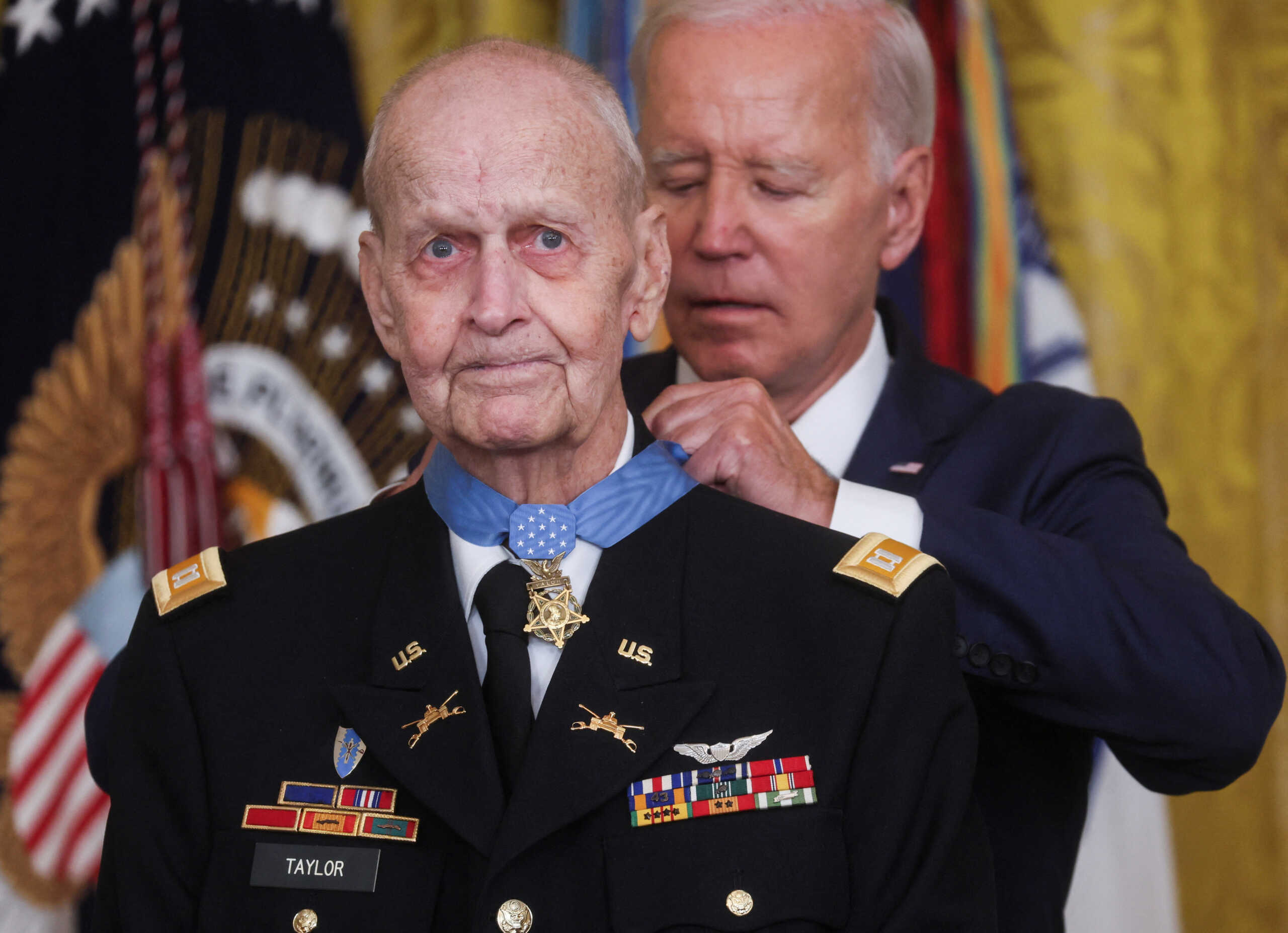 U.S. President Joe Biden awards the Medal of Honor to retired Army Captain Larry Taylor for conspicuous gallantry during the Vietnam War, during a ceremony in the East Room at the White House in Washington, U.S., September 5, 2023. REUTERS