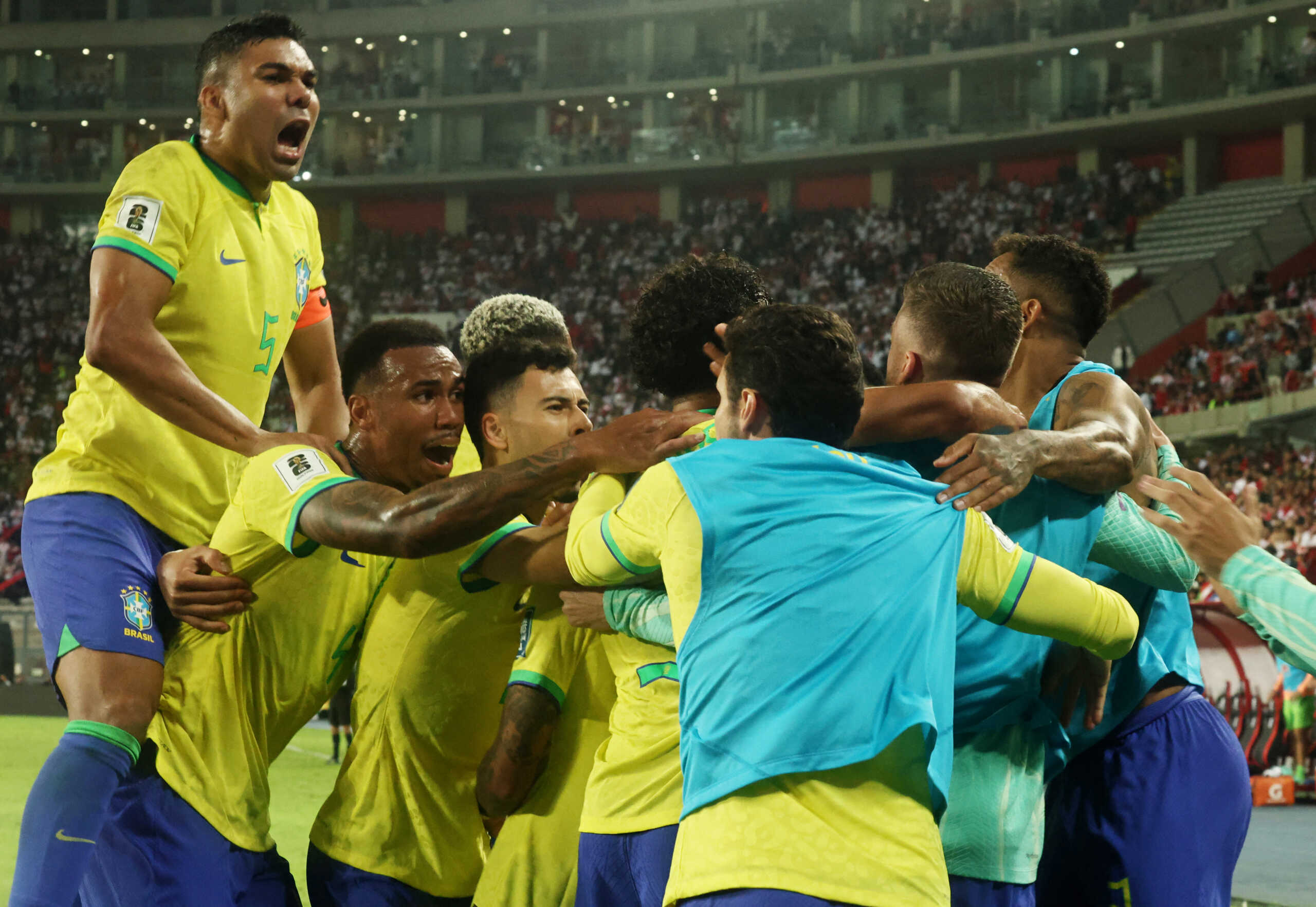Soccer Football - World Cup - South American Qualifiers - Peru v Brazil - Estadio Nacional, Lima, Peru - September 12, 2023 Brazil's Marquinhos celebrates scoring their first goal with teammates REUTERS