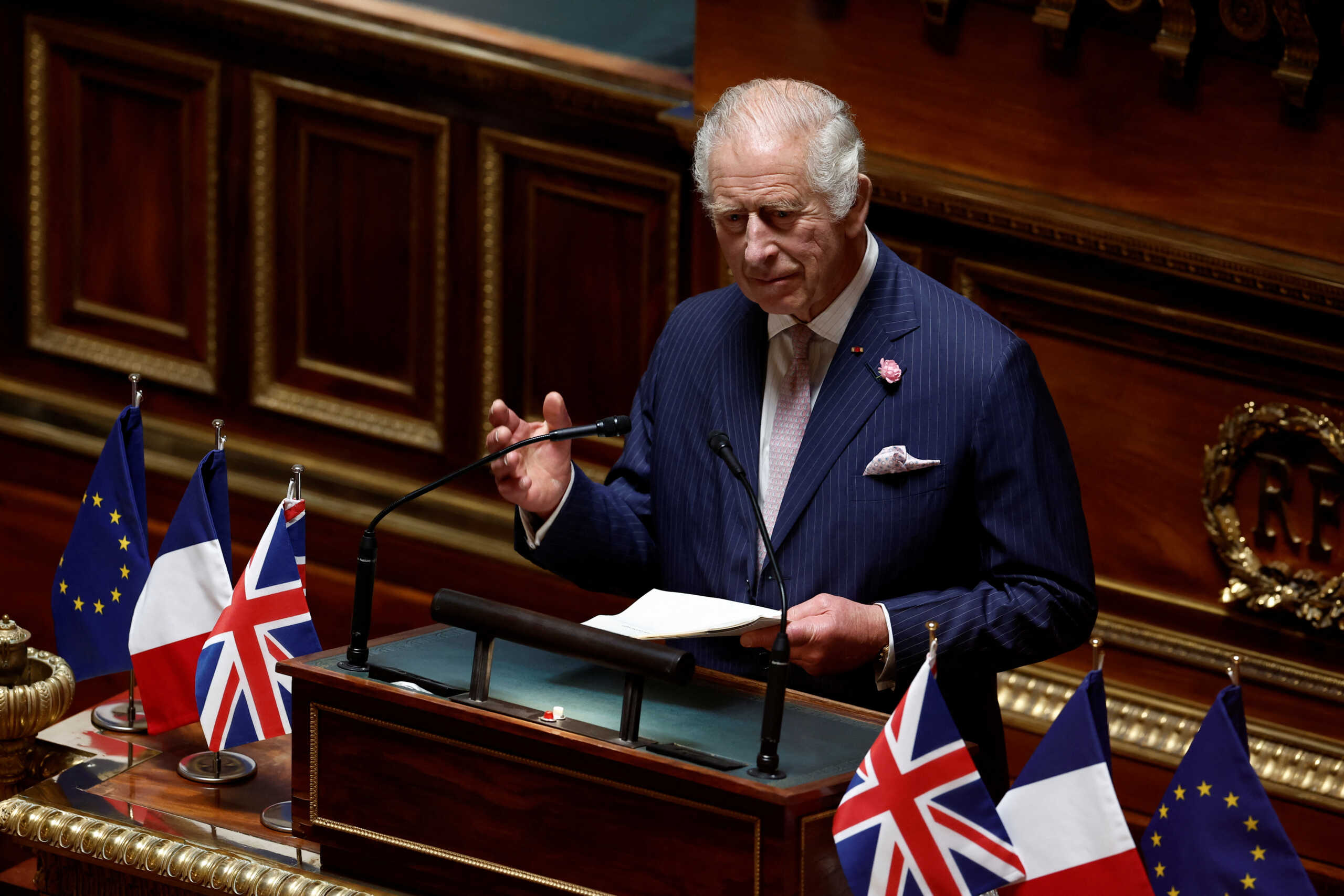 Britain's King Charles delivers a speech to members of parliament at the French Senate in Paris, on the second day of his State visit to France, September 21, 2023. REUTERS