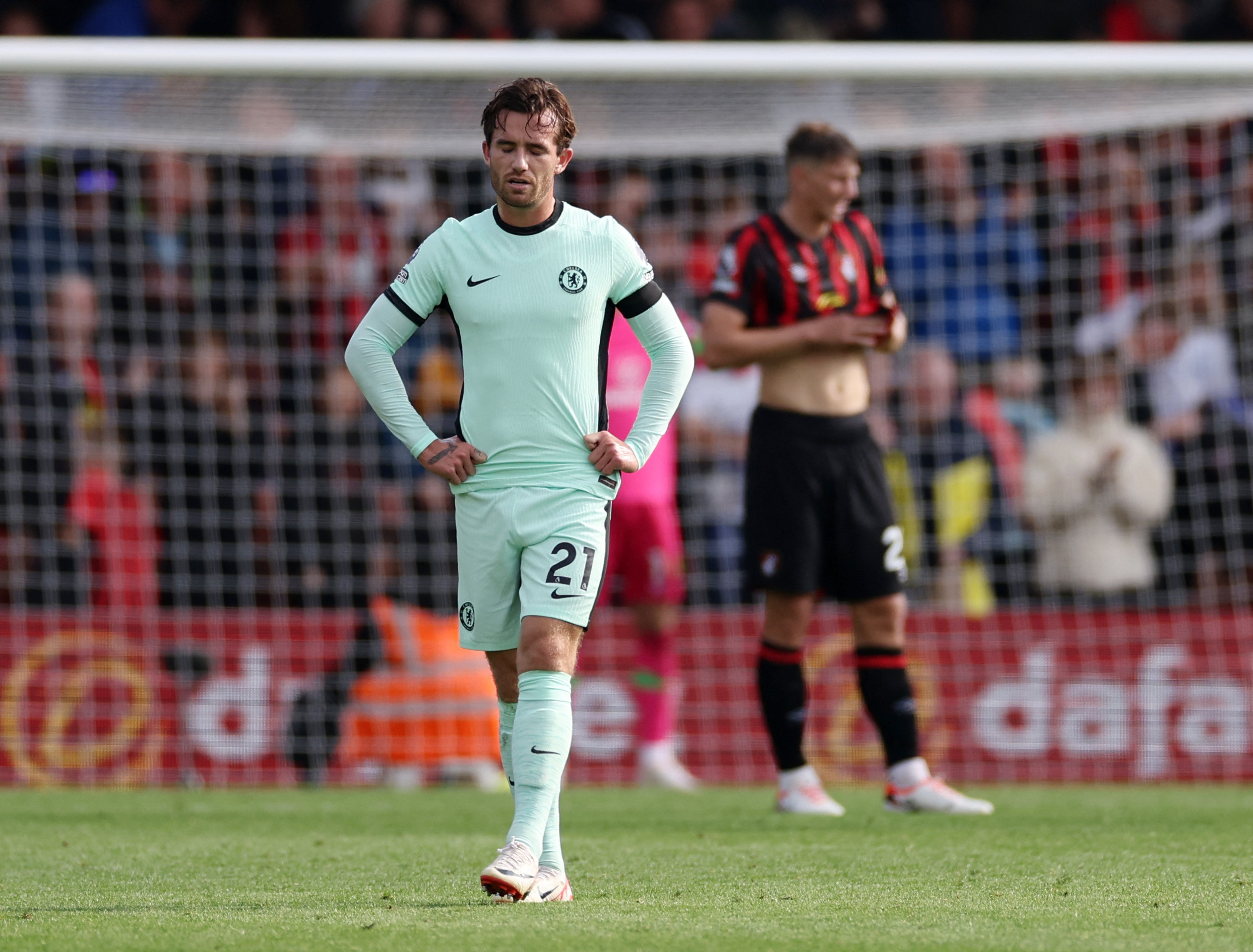 Soccer Football - Premier League - AFC Bournemouth v Chelsea - Vitality Stadium, Bournemouth, Britain - September 17, 2023 Chelsea's Ben Chilwell reacts REUTERS