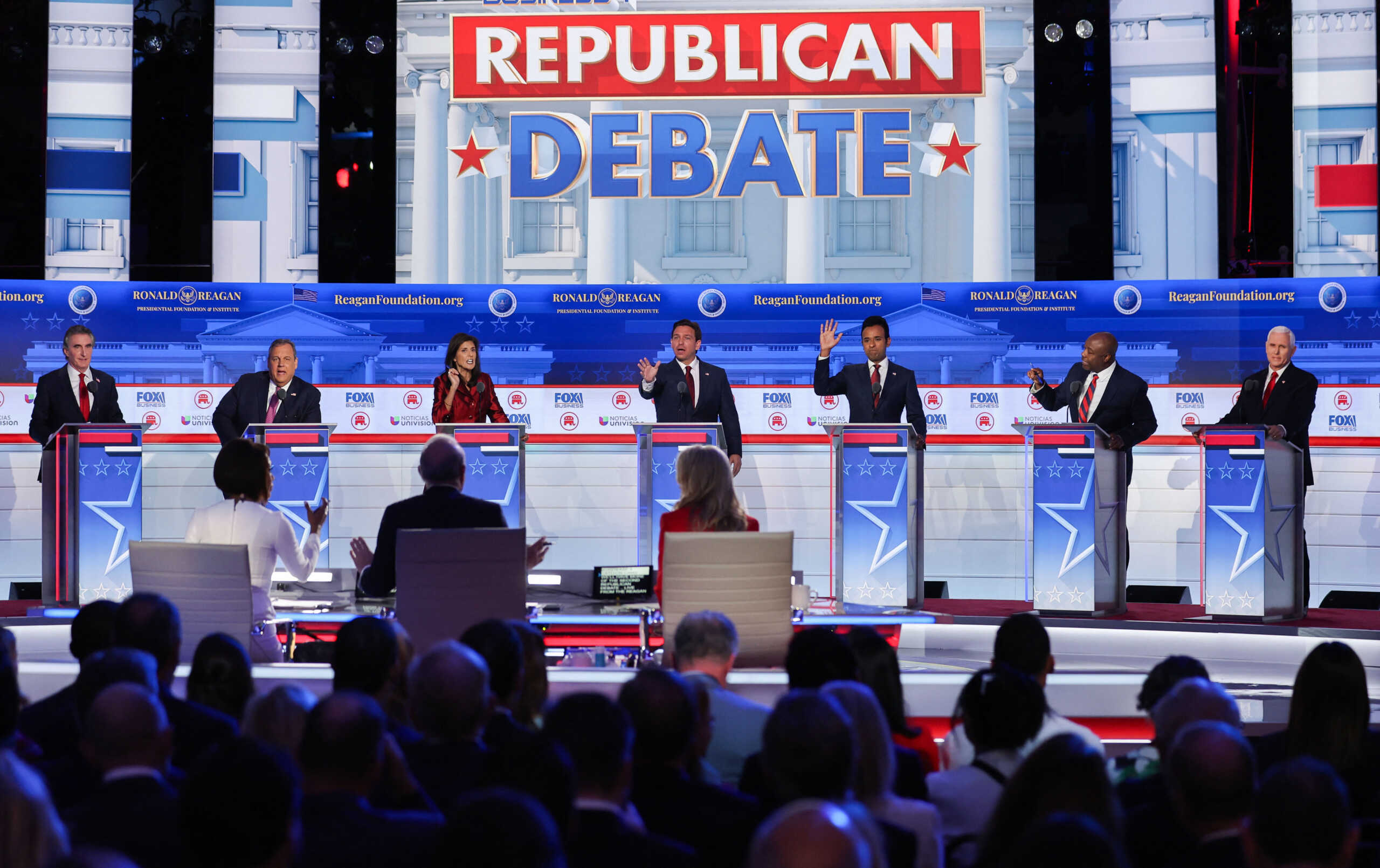 Republican presidential candidates talk over each other during the second Republican candidates' debate of the 2024 U.S. presidential campaign at the Ronald Reagan Presidential Library in Simi Valley, California, U.S. September 27, 2023. REUTERS