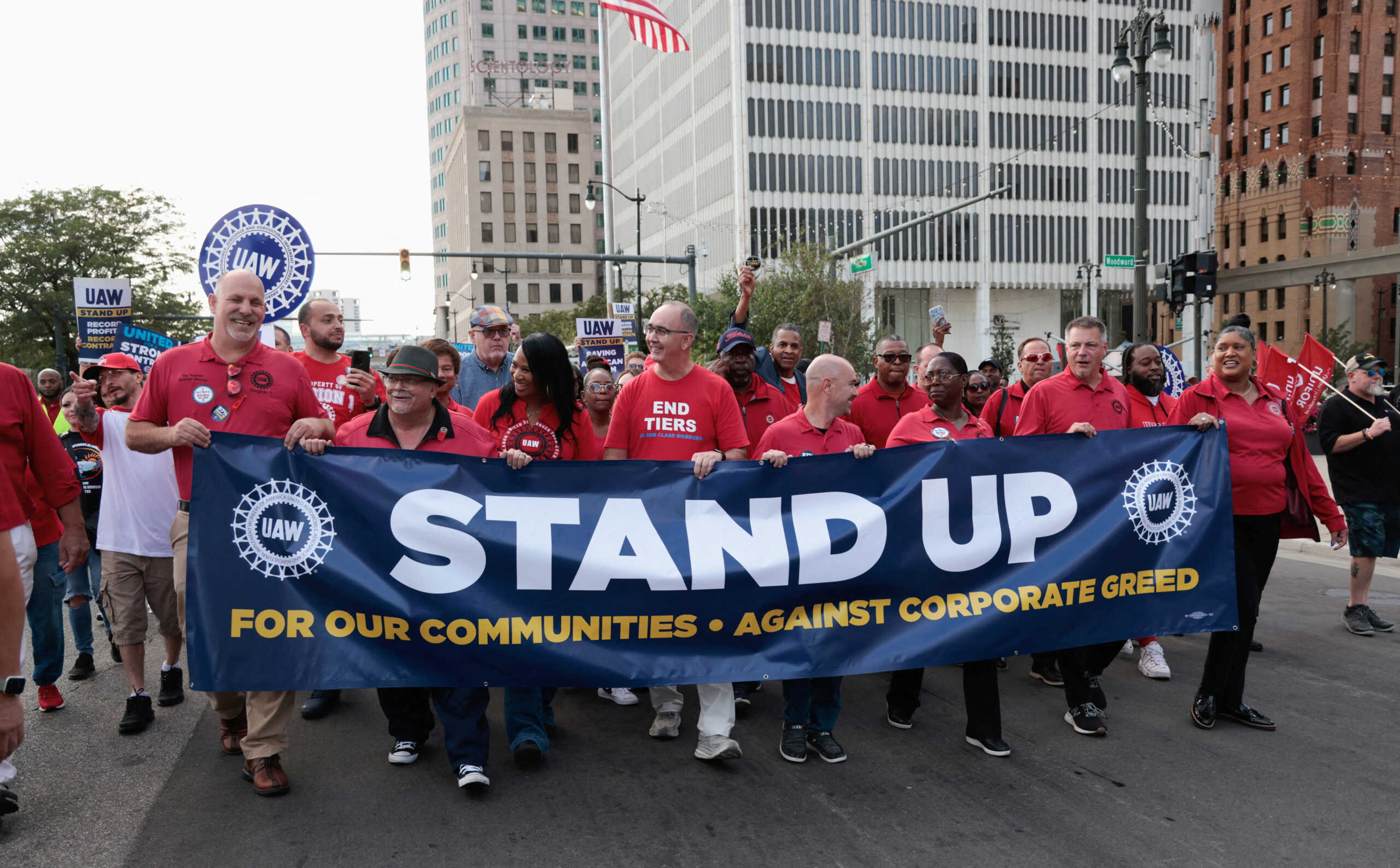 FILE PHOTO: United Auto Workers members march in the street in support of striking UAW members in Detroit, Michigan, U.S. September 15, 2023. REUTERS