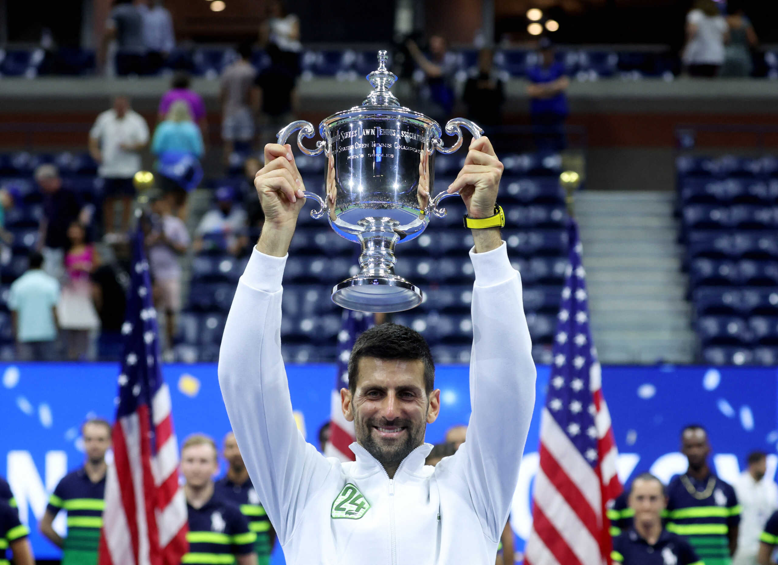 Tennis - U.S. Open - Flushing Meadows, New York, United States - September 10, 2023 Serbia's Novak Djokovic celebrates with the trophy after winning the U.S. Open REUTERS