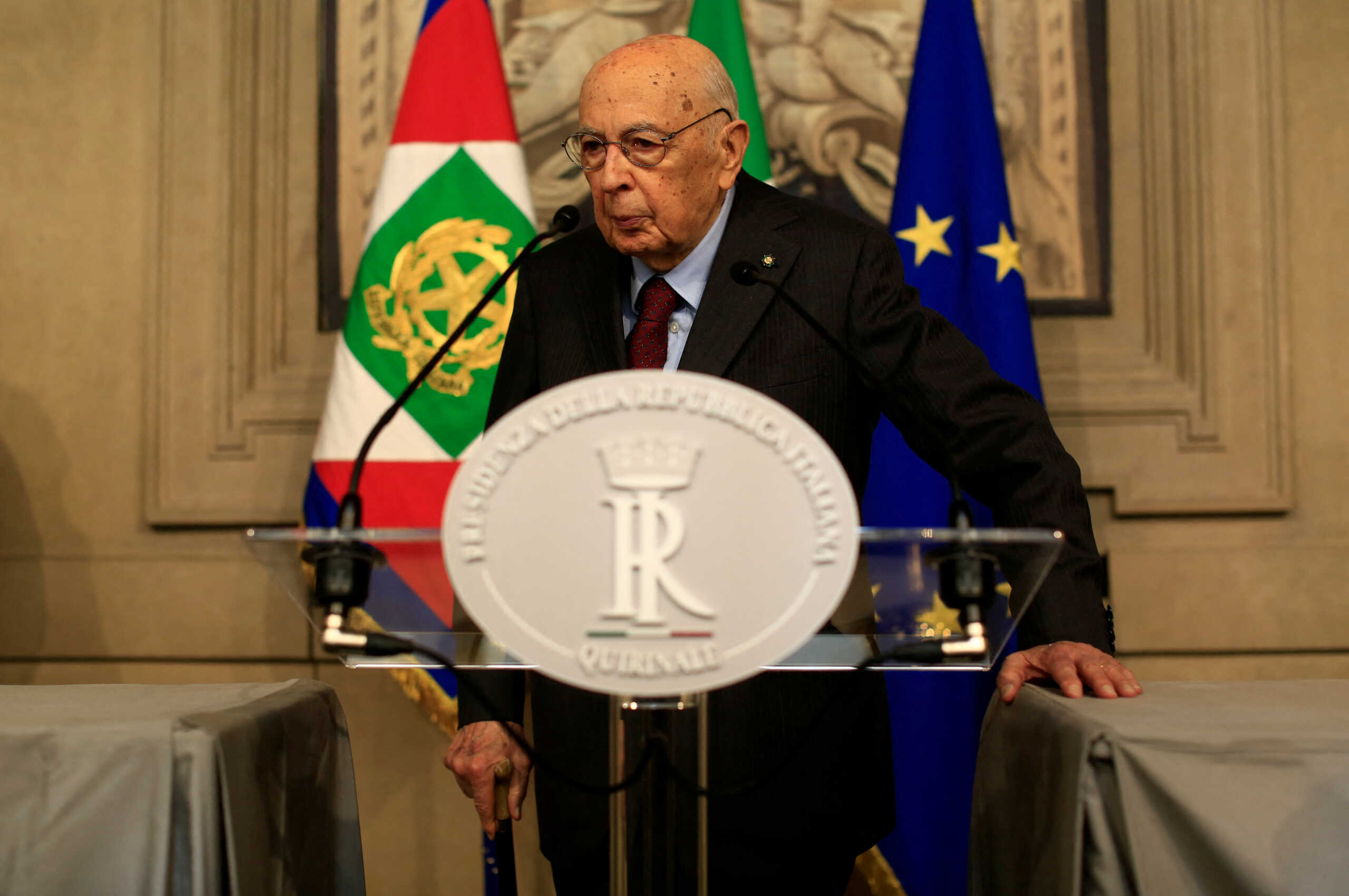 FILE PHOTO: Former Italian President and senator Giorgio Napolitano speaks following a talk with Italian President Sergio Mattarella at the Quirinal Palace in Rome, Italy, April 13, 2018.  REUTERS