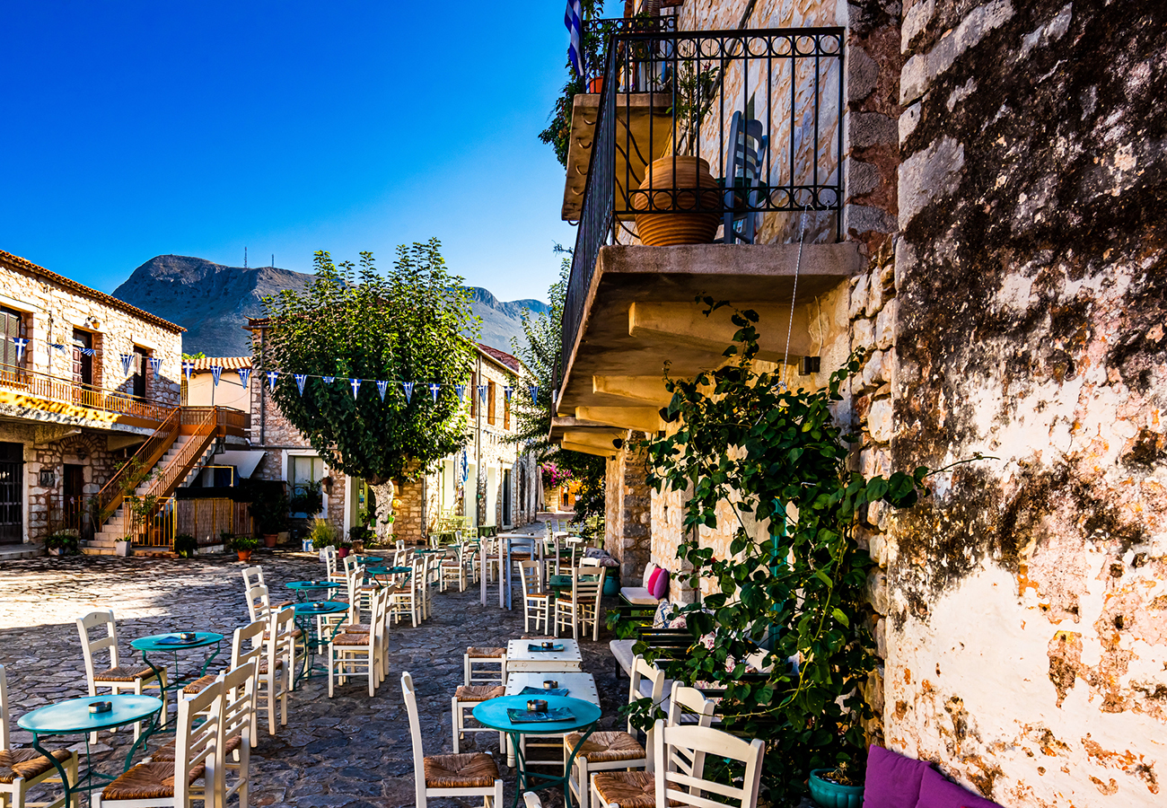 View on Areopoli, the traditional village of Mani in Peloponnese Greece