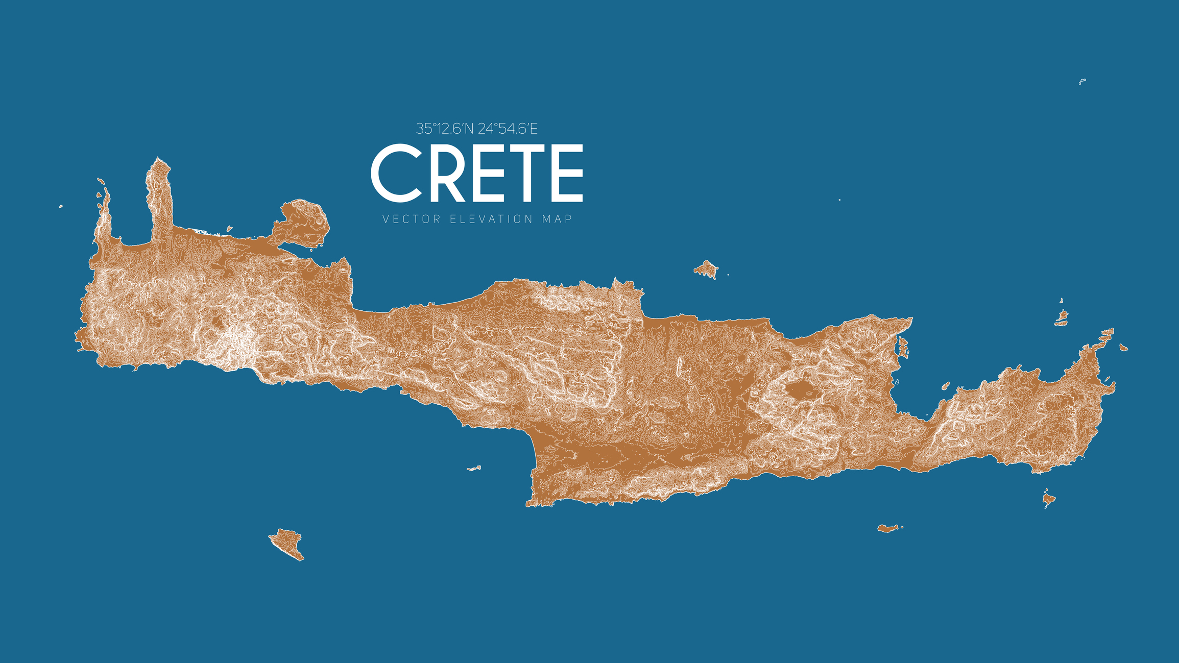Topographic map of Crete, Greece. Vector detailed elevation map of island. Geographic elegant landscape outline poster