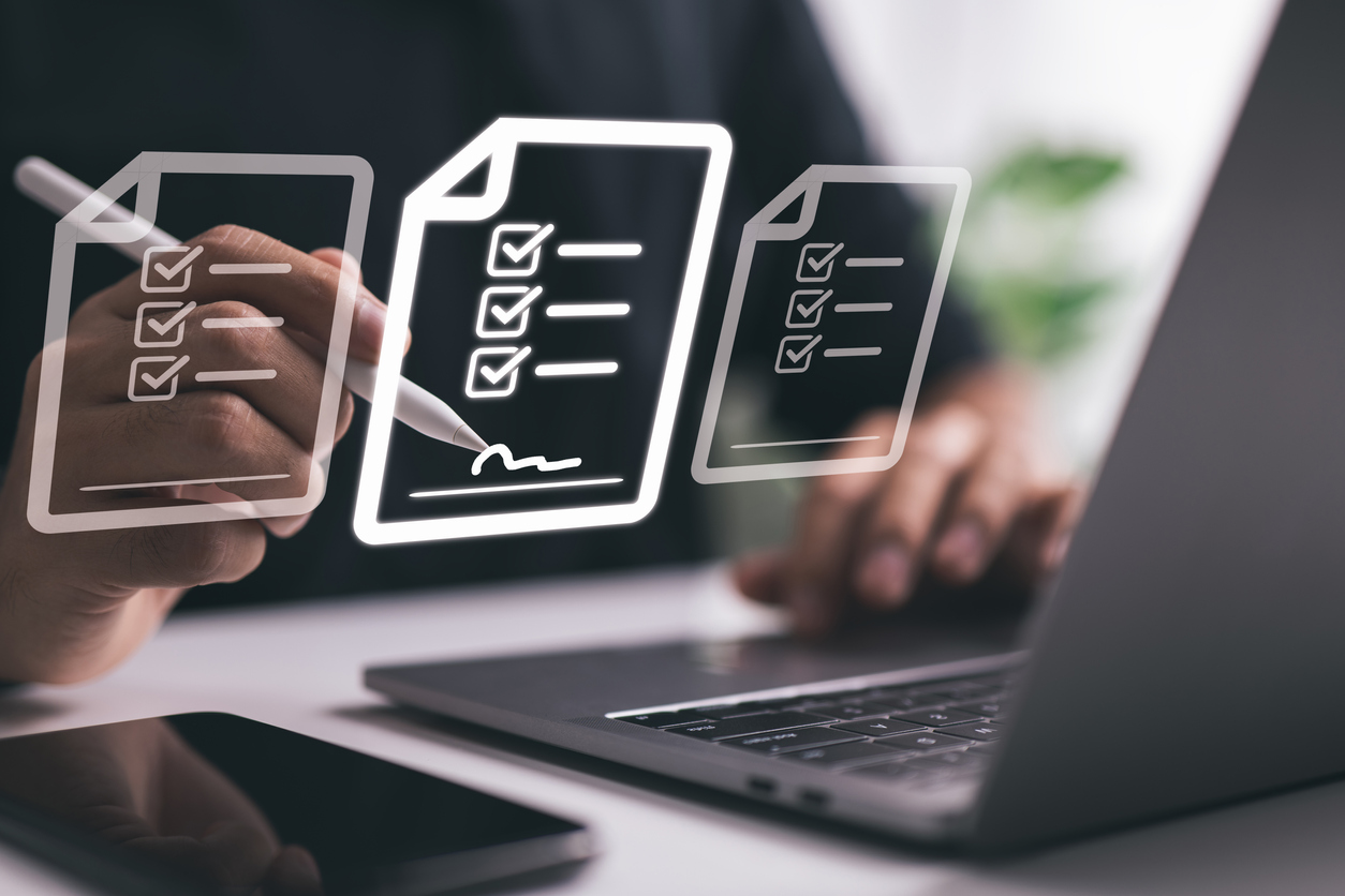 Contract for online business. The concept of electronic signature, e-signing, digital document management, paperless office, and signing business contracts.