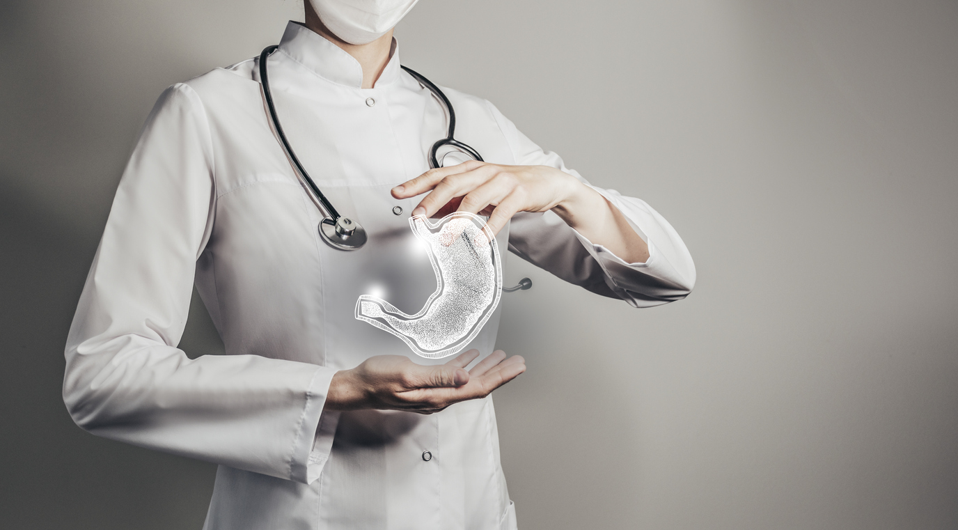 Female doctor holding virtual Stomach in hand. Handrawn human organ, copy space on right side, grey hdr color. Healthcare hospital service concept stock photo