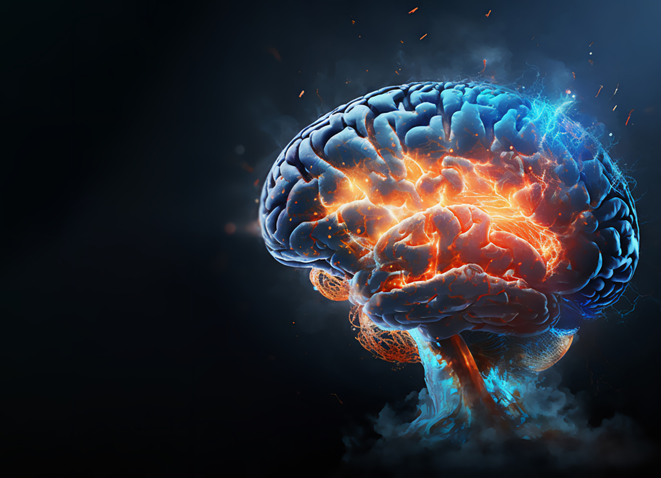 Brain on fire, exploding brain, degenerative cognitive disease concept like Parkinson's, Alzheimer's, dementia, MS (multiple sclerosis), brain power treatment 3d rendering