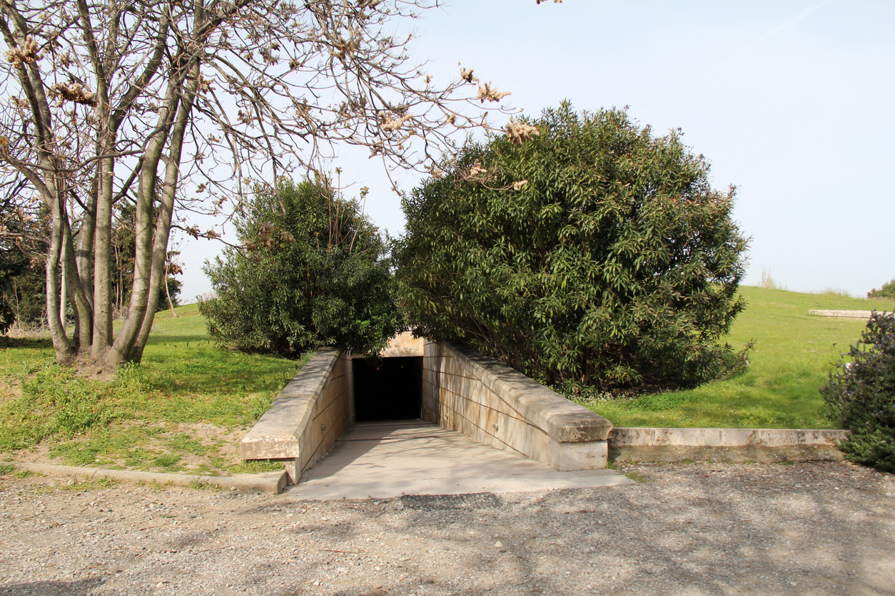 Vergina, Greece-April 1, 2016:  The unusual entrance to the Museum of Aigai leads to a tunnel where the tomb of Philip the II, father of Alexander the Great, can be found.