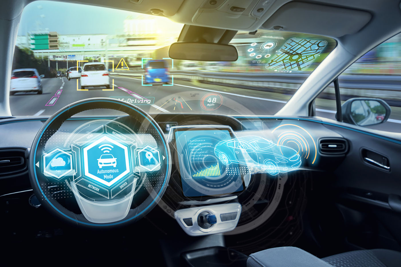 Empty cockpit of autonomous car, HUD(Head Up Display) and digital speedometer. self-driving vehicle.
