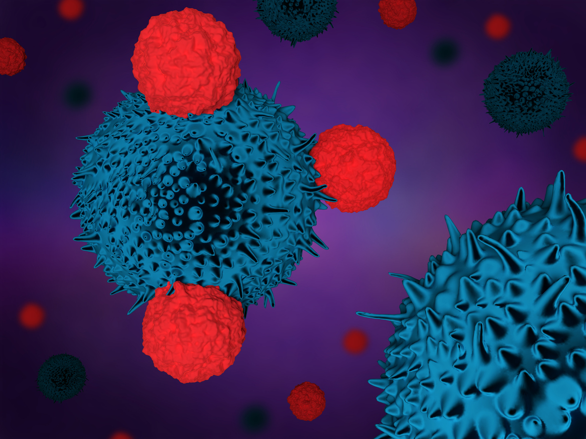 3d render of immune system T cells attacking cancer cells