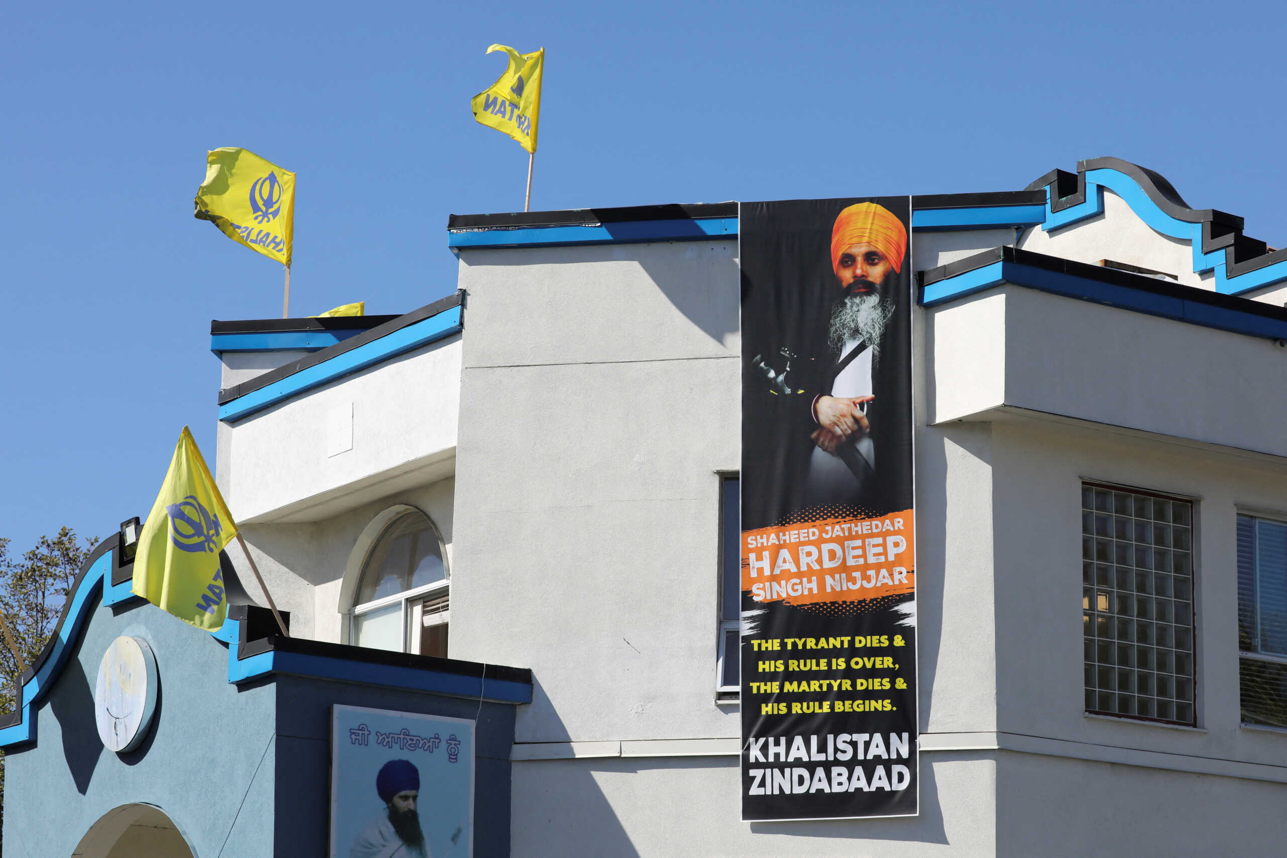 A sign outside the Guru Nanak Sikh Gurdwara temple is seen after the killing on its grounds in June 2023 of Sikh leader Hardeep Singh Nijjar, in Surrey, British Columbia, Canada September 18, 2023.  REUTERS