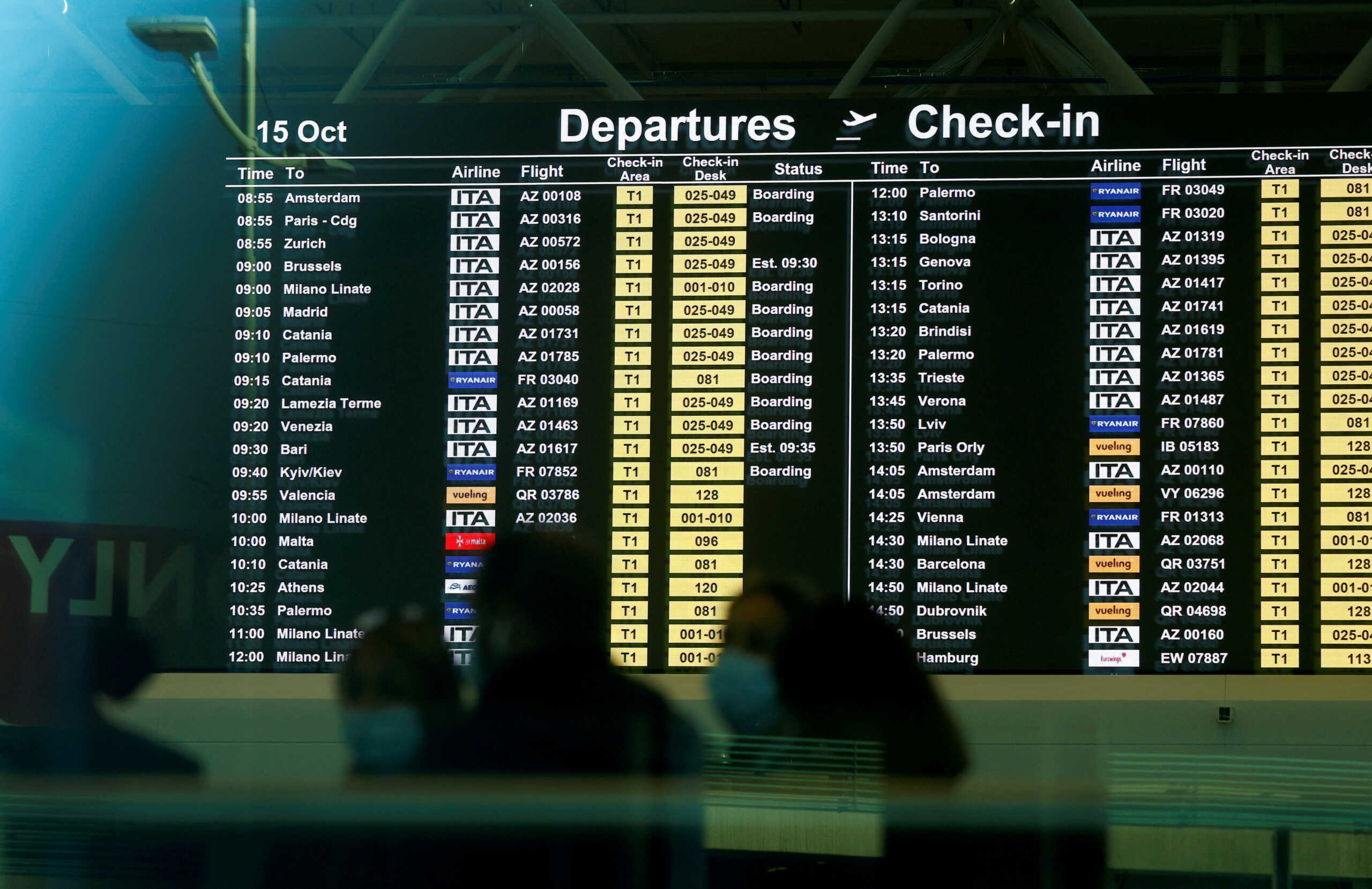 The information screen at Fiumicino airport displays ITA flights as the new airline carrier starts flying in place of bankrupt Alitalia, in Rome, Italy, October 15, 2021. REUTERS