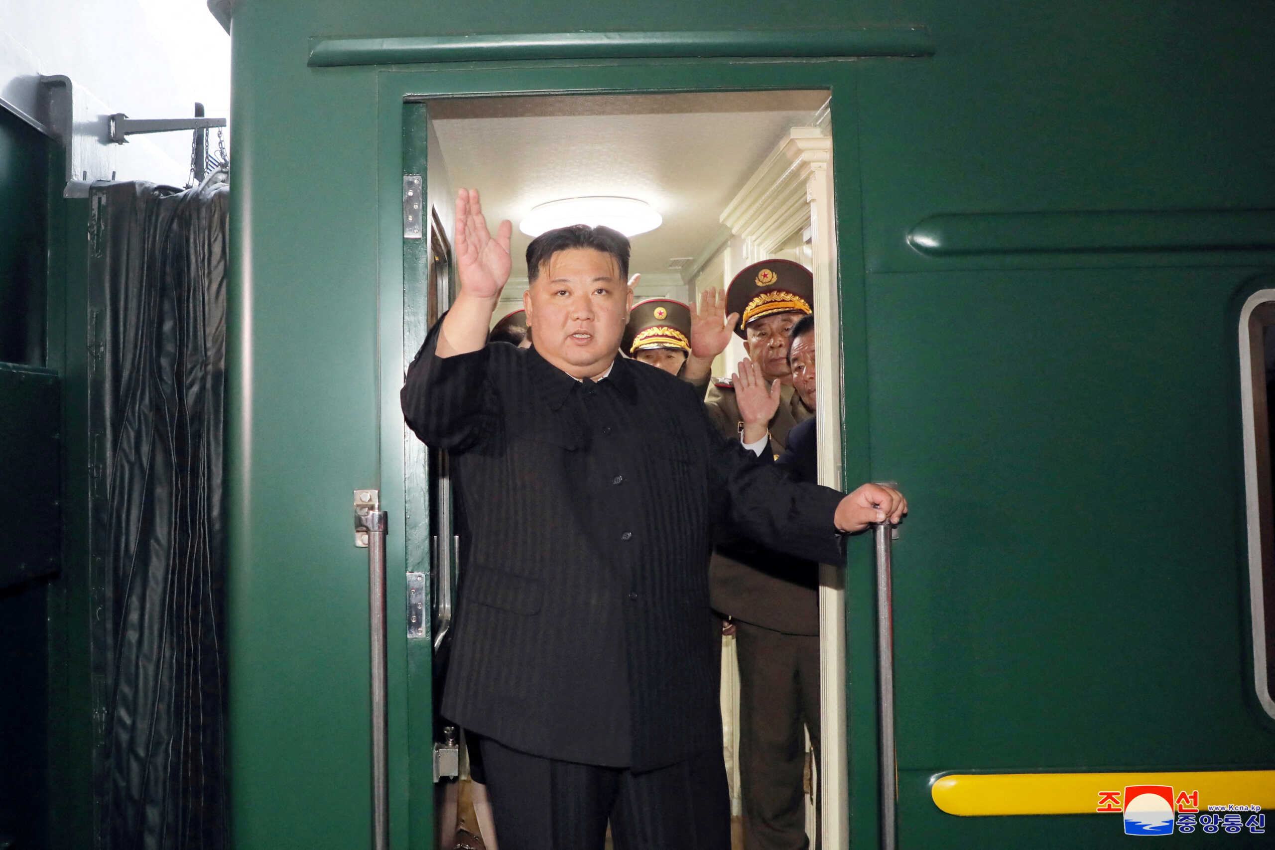 North Korean leader Kim Jong Un waves from a private train as he departs Pyongyang, North Korea, to visit Russia, September 10, 2023, in this image released by North Korea's Korean Central News Agency on September 12, 2023.   KCNA via REUTERS    ATTENTION EDITORS - THIS IMAGE WAS PROVIDED BY A THIRD PARTY. REUTERS IS UNABLE TO INDEPENDENTLY VERIFY THIS IMAGE. NO THIRD PARTY SALES. SOUTH KOREA OUT. NO COMMERCIAL OR EDITORIAL SALES IN SOUTH KOREA.     TPX IMAGES OF THE DAY
