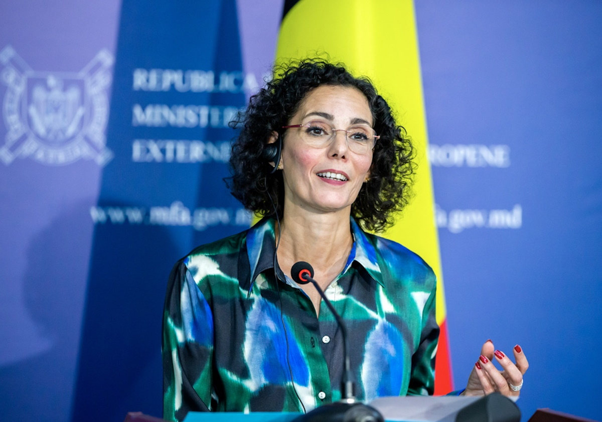 epa10844038 Belgium's Foreign Minister Hadja Lahbib (L) speaks during a joint press conference with Moldovan Foreign Affairs and European Integration Minister Nicu Popescu (not pictured) at the Ministry of Foreign Affairs in Chisinau, Moldova, 06 September 2023. The Belgian Foreign Minister is on a working visit to Chisinau, where she will open an embassy of her country.  EPA