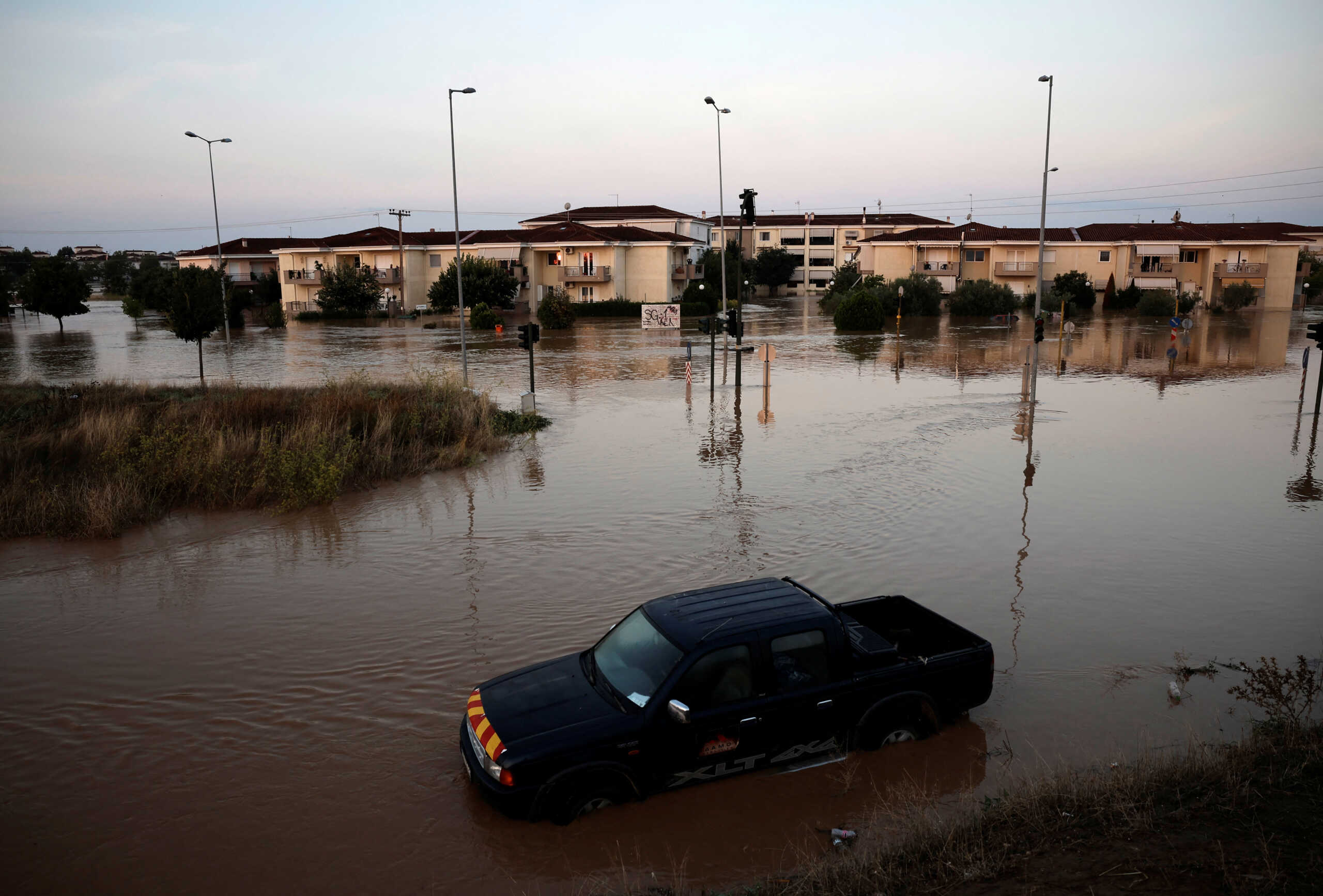 Flood waters cover an area of the suburbs of the city of Larissa, as the levels of Pineios River have risen overnight, in Larissa, Greece, September 9, 2023. REUTERS