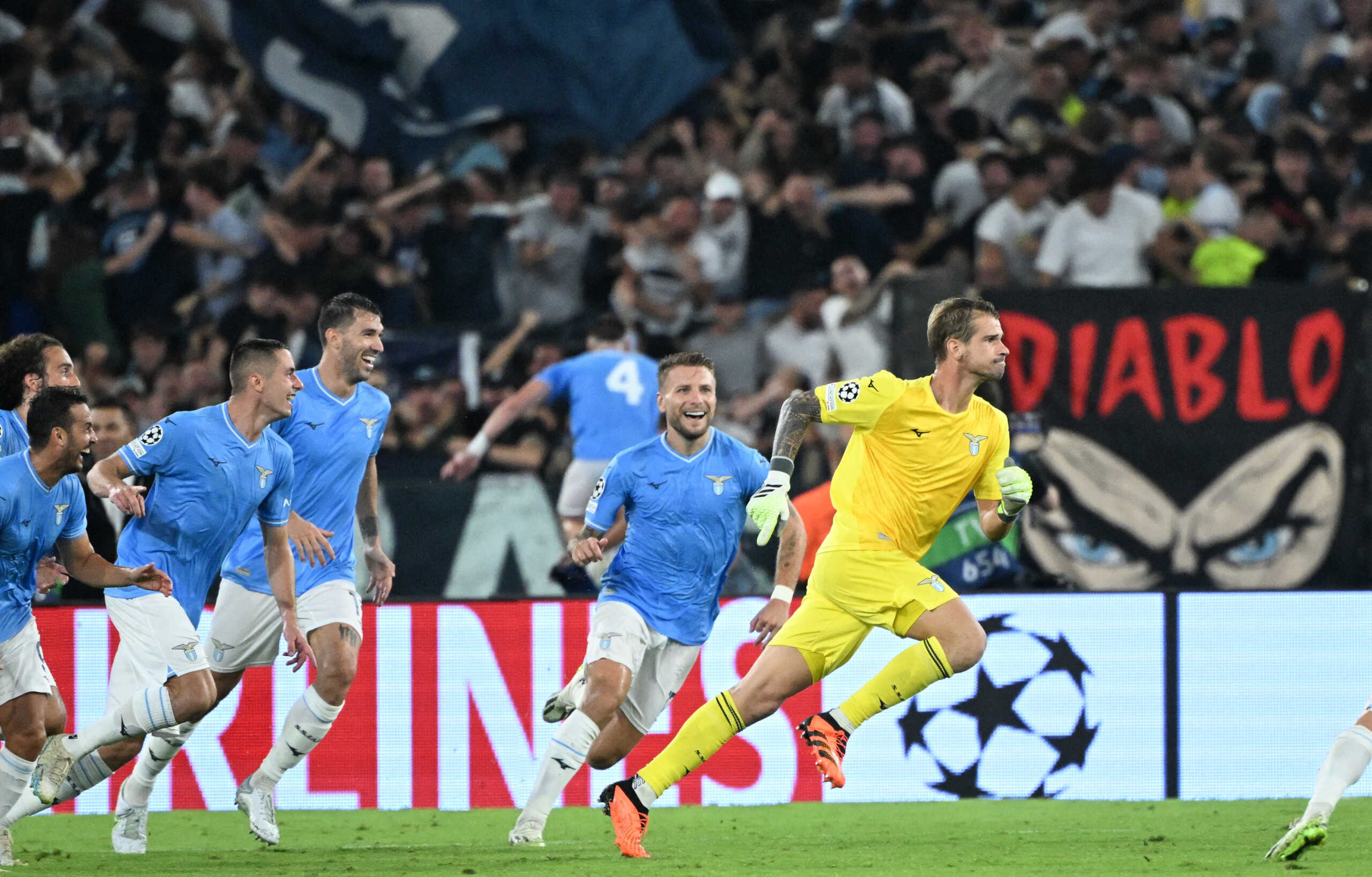 Soccer Football - Champions League - Group E - Lazio v Atletico Madrid - Stadio Olimpico, Rome, Italy - September 19, 2023 Lazio's Ivan Provedel celebrates scoring their first goal REUTERS
