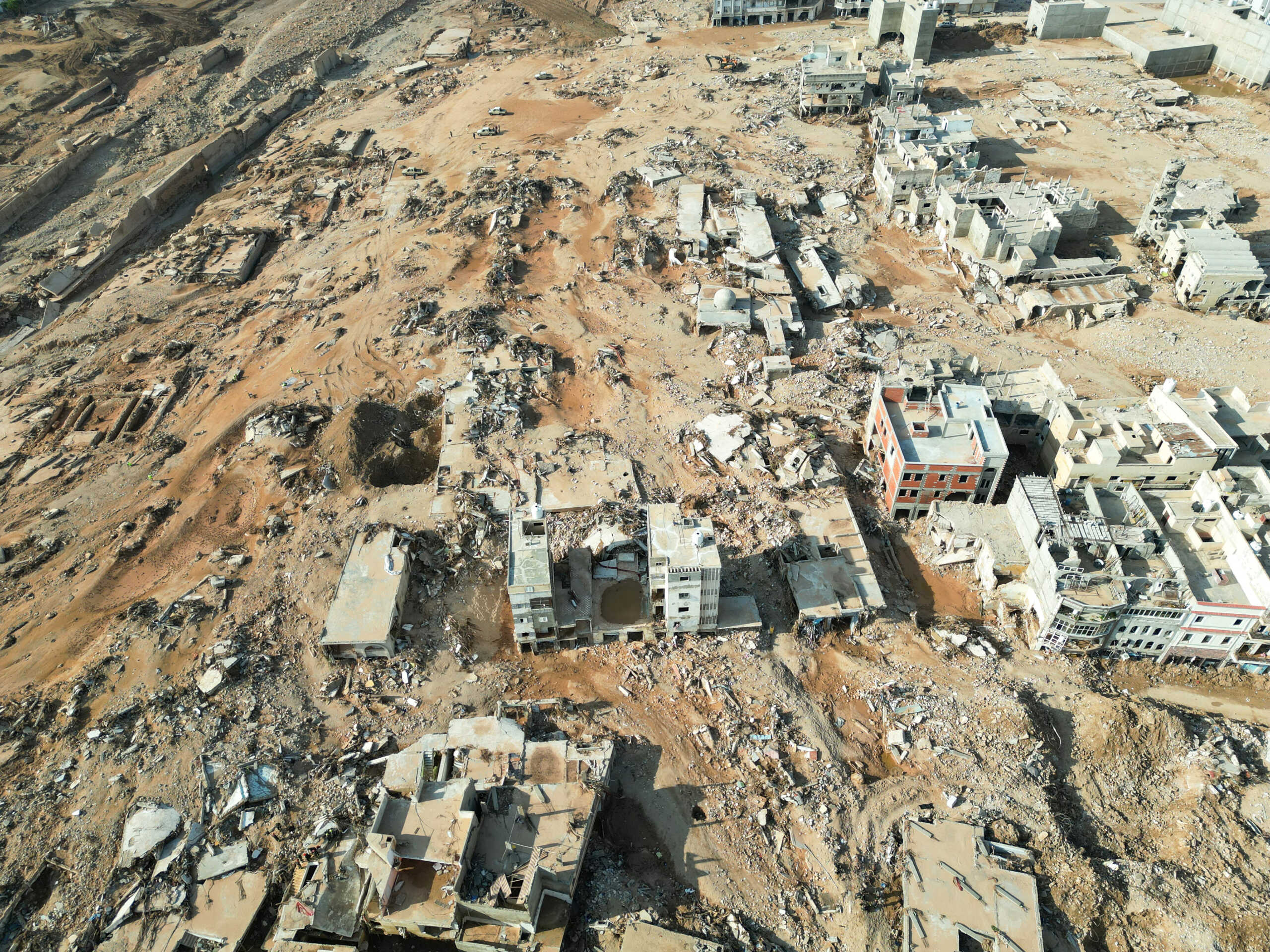 An aerial view of destroyed houses after a powerful storm and heavy rainfall hit Libya, in Derna, Libya September 16, 2023. REUTERS
