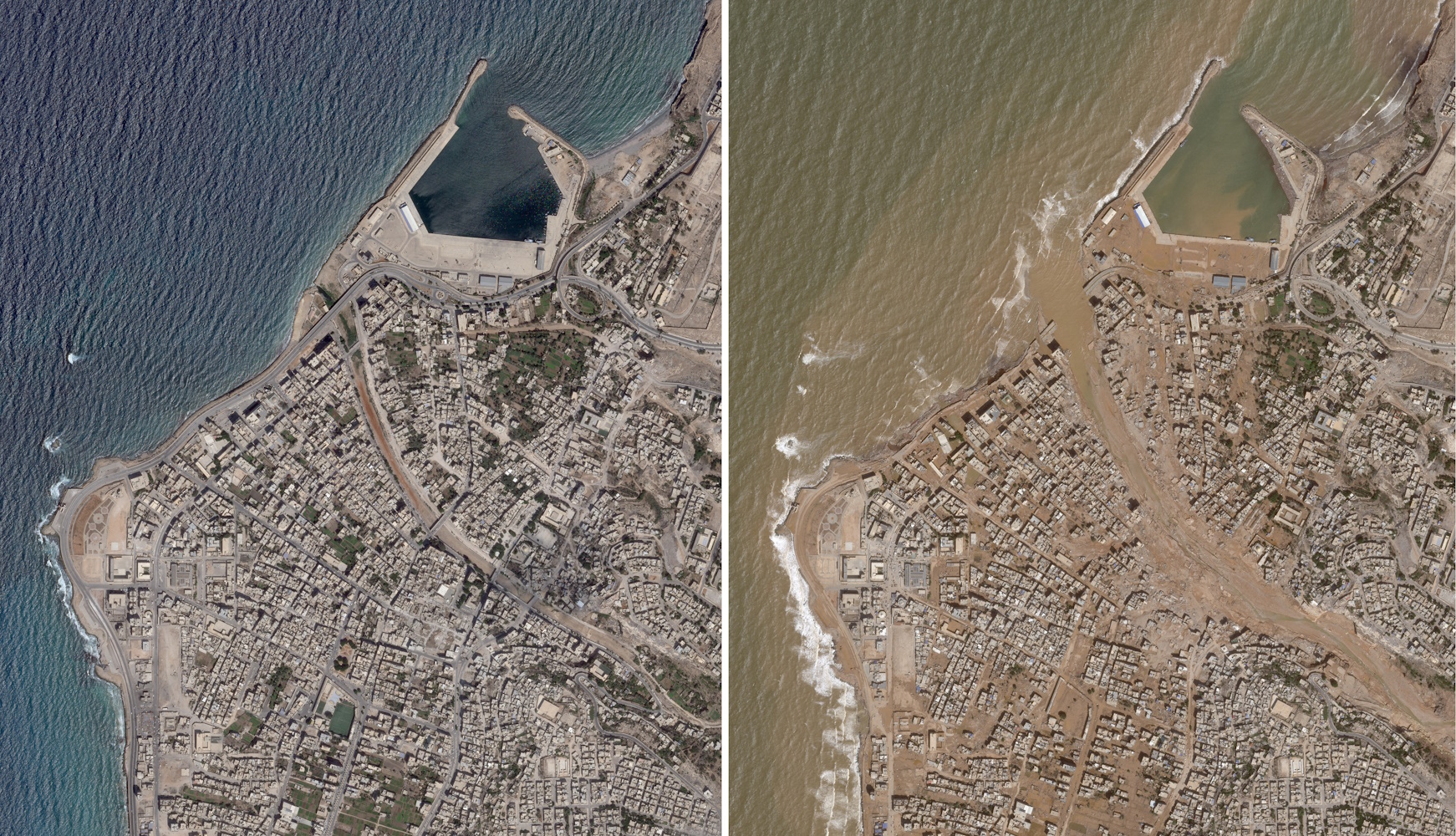 A combination image of satellite photos shows an area before and after a powerful storm and heavy rainfall hit the country, in Derna, Libya, September 2, 2023 (top) and September 12, 2023. PLANET LABS PBC