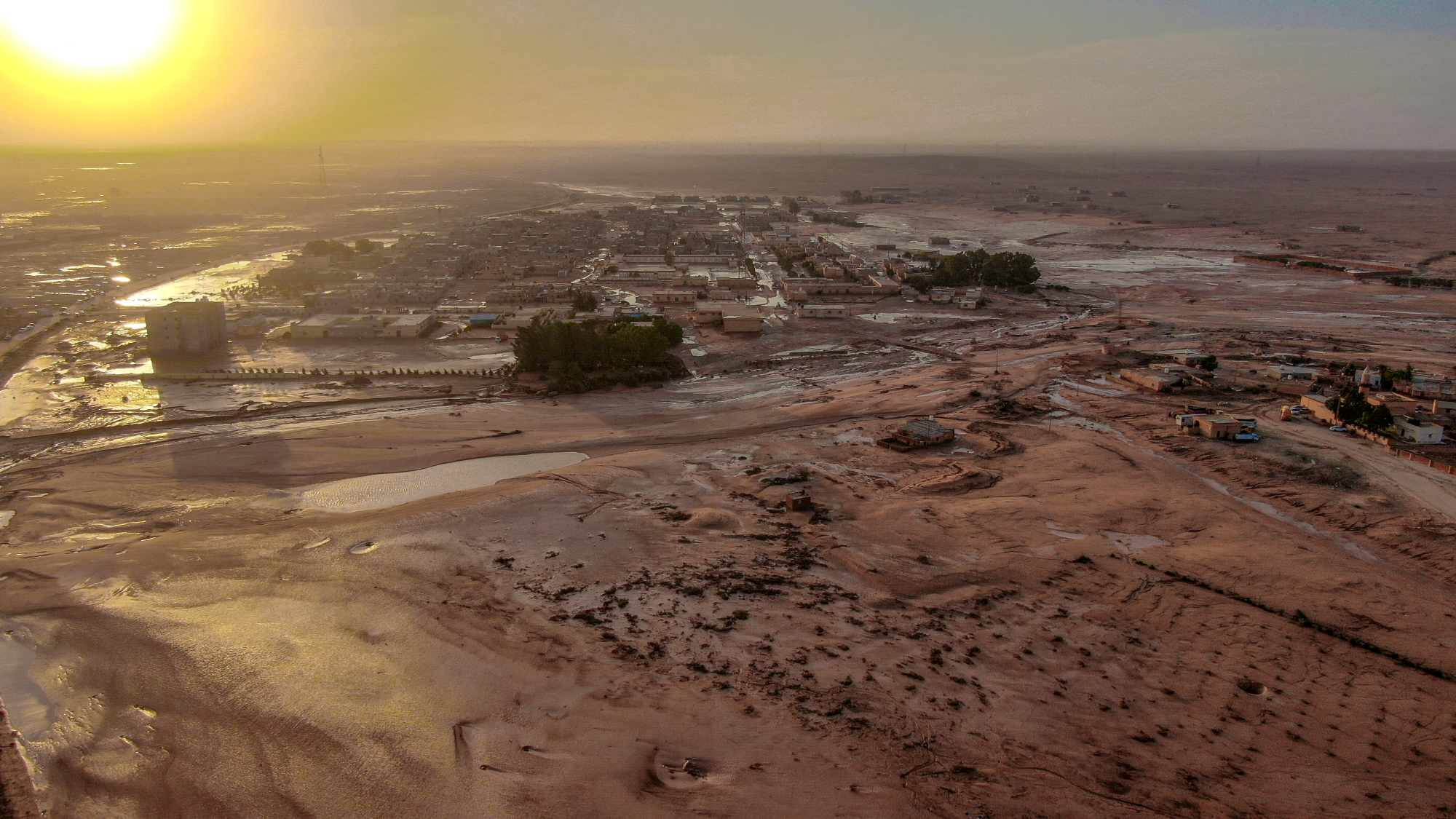 General view of flood water covering the area as a powerful storm and heavy rainfall hit Al-Mukhaili, Libya September 11, 2023, in this handout picture. Libya Al-Hadath