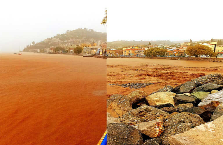 Λίμνη Ευβοίας: Έγινε καφέ η θάλασσα από τη λάσπη