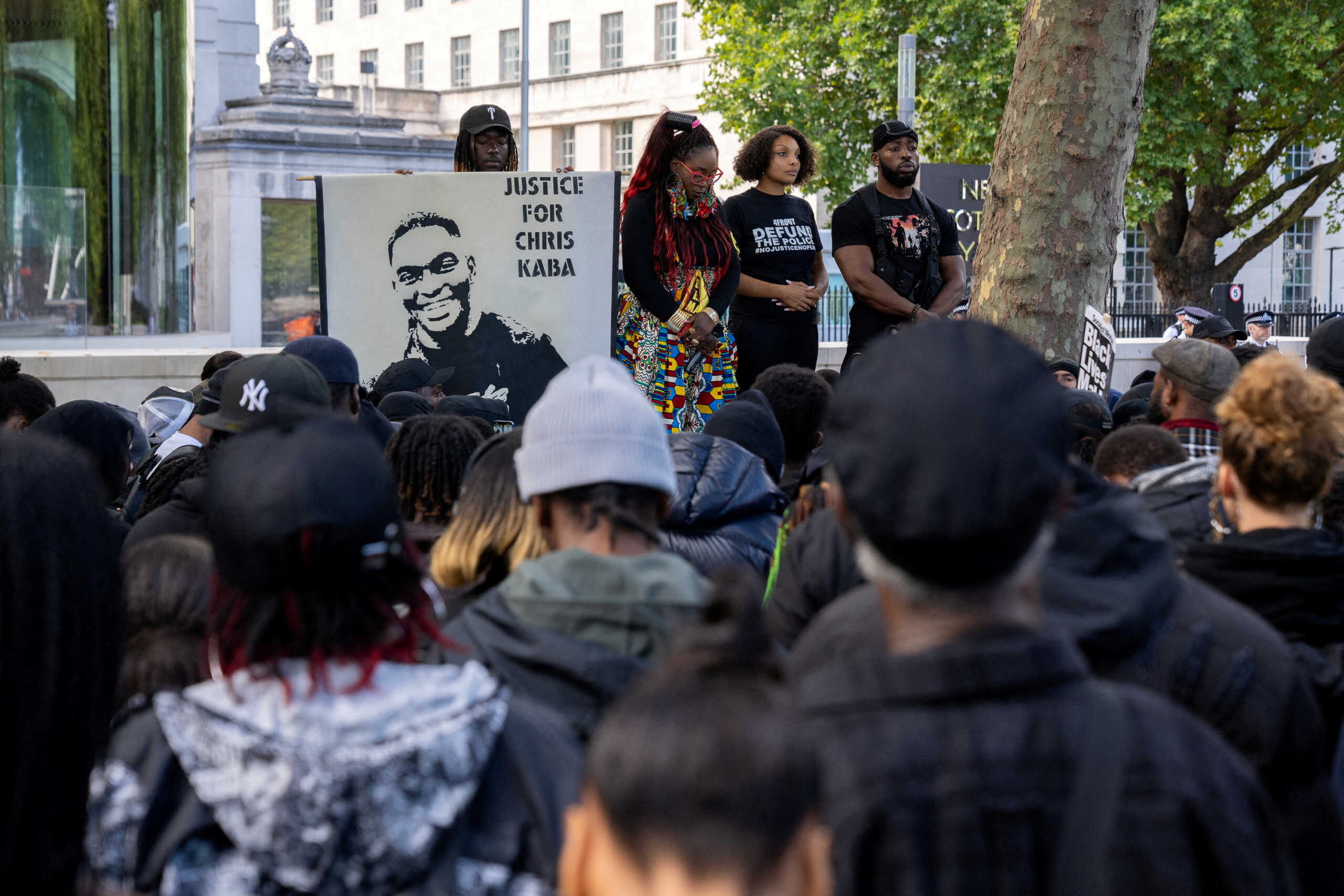 FILE PHOTO: Black Lives Matter protesters observe one minute of silence in front of New Scotland Yard building in central London demanding justice for 24 year old Chris Kaba, who was shot dead by the police last week, London, Britain, September 10, 2022. REUTERS