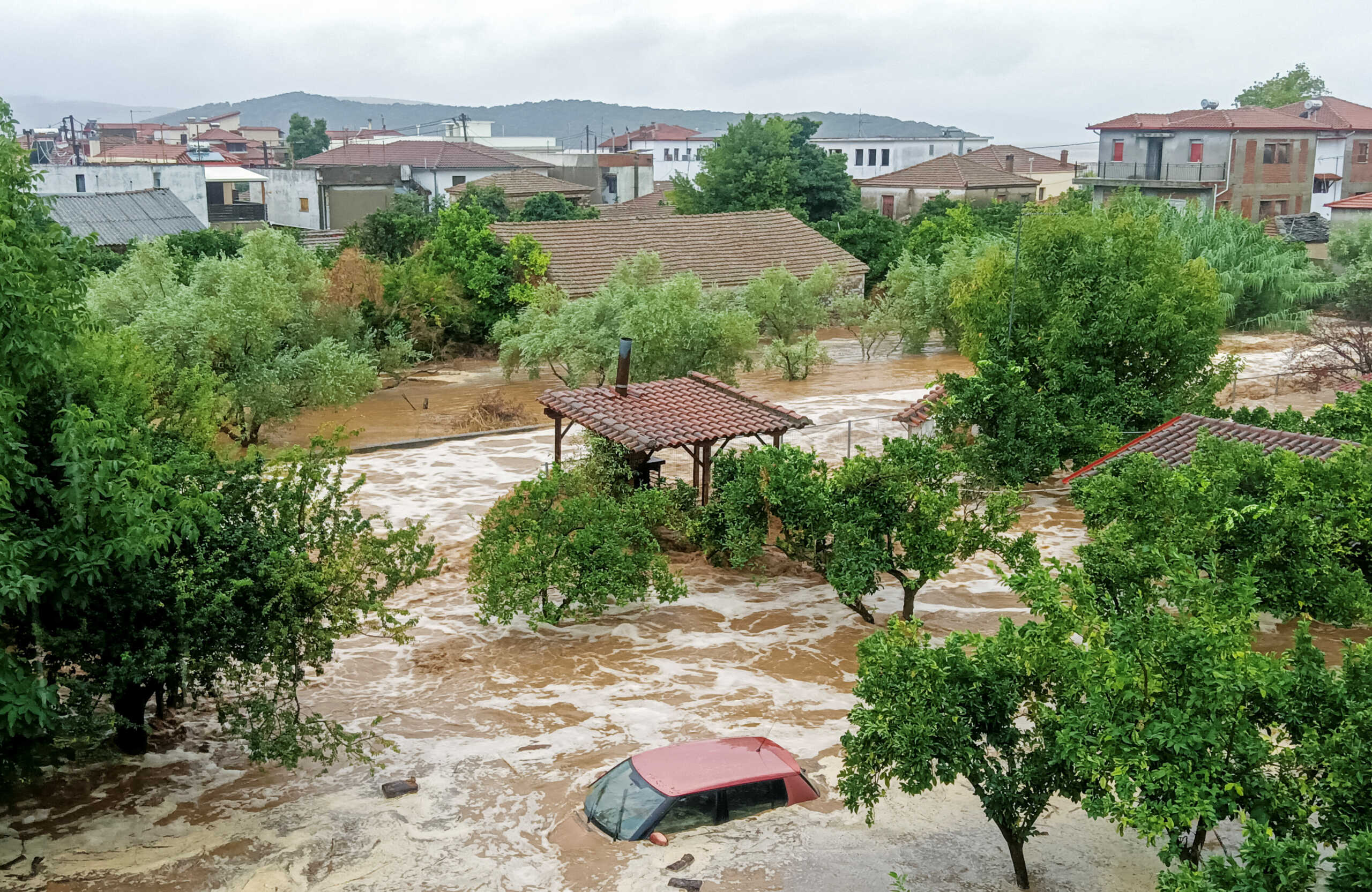 A car is submerged under water during a storm on mount Pelion, near Volos, Greece, September 5, 2023. Thanassis Kalliaras