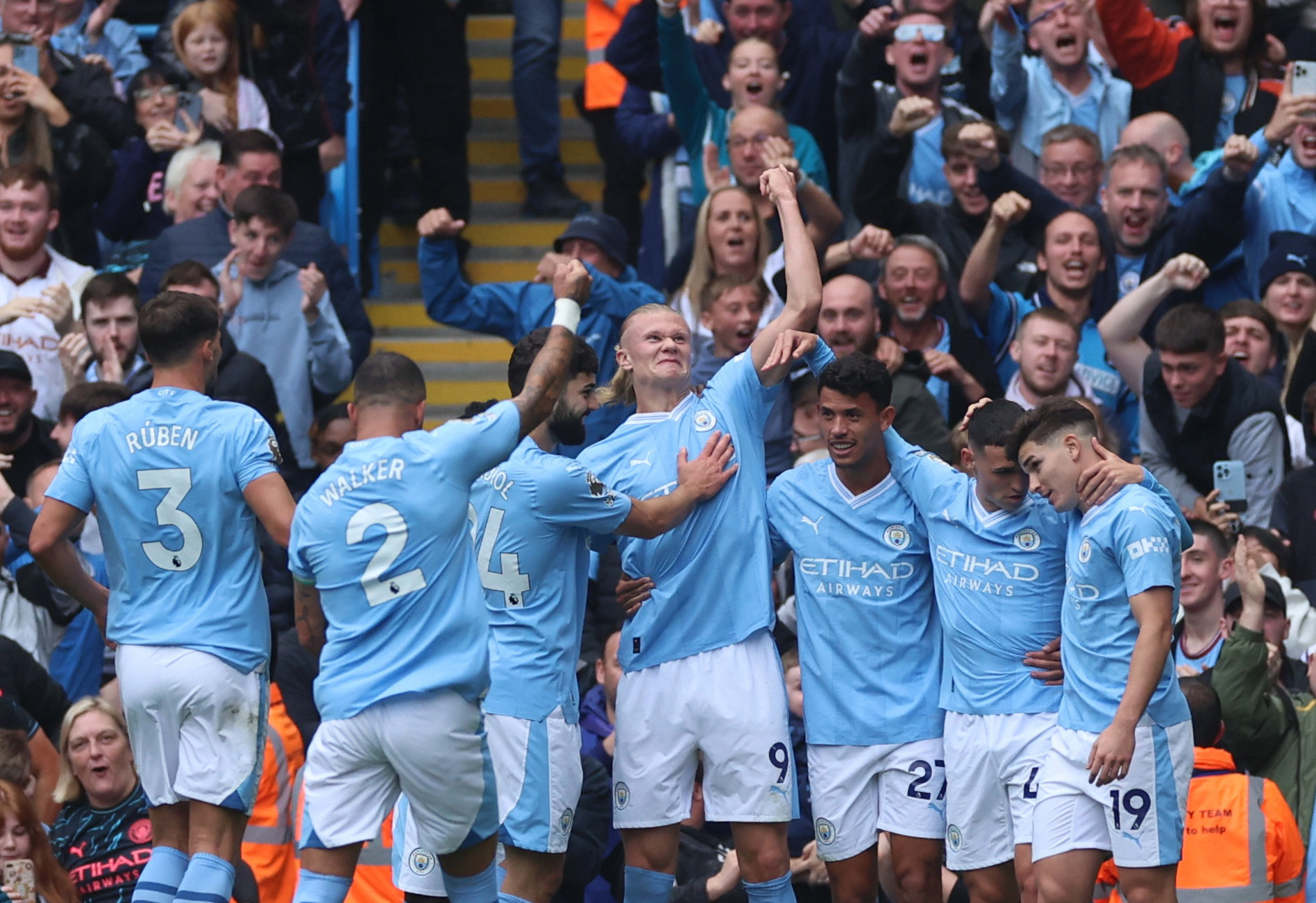 Soccer Football - Premier League - Manchester City v Nottingham Forest - Etihad Stadium, Manchester, Britain - September 23, 2023 Manchester City's Erling Braut Haaland celebrates scoring their second goal with teammates REUTERS