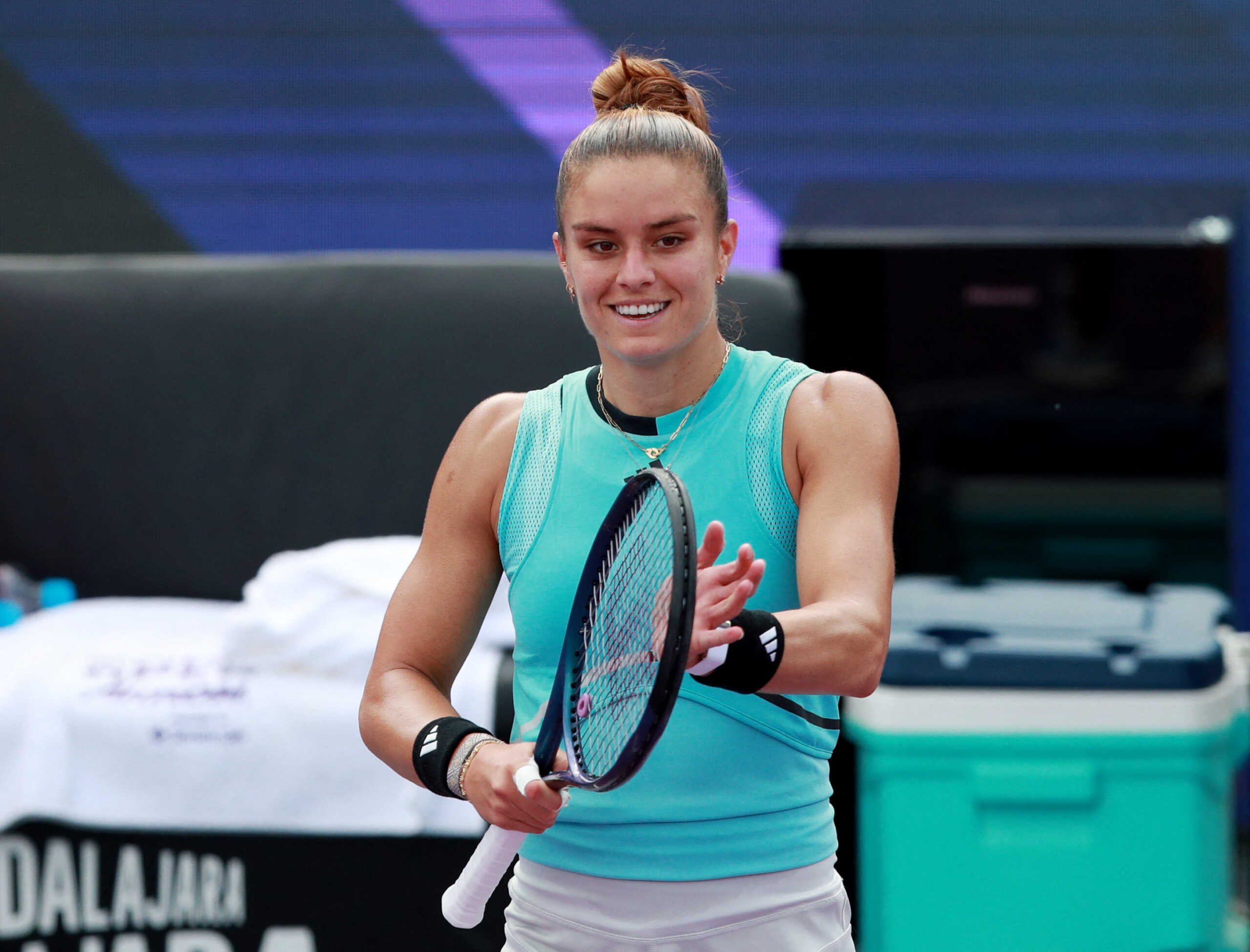 Tennis - WTA 1000 - Guadalajara Open - Panamerican Tennis Center, Guadalajara, Mexico - September 20, 2023 Greece's Maria Sakkari celebrates after winning her round of 16 match against Italy's Camila Giorgi REUTERS