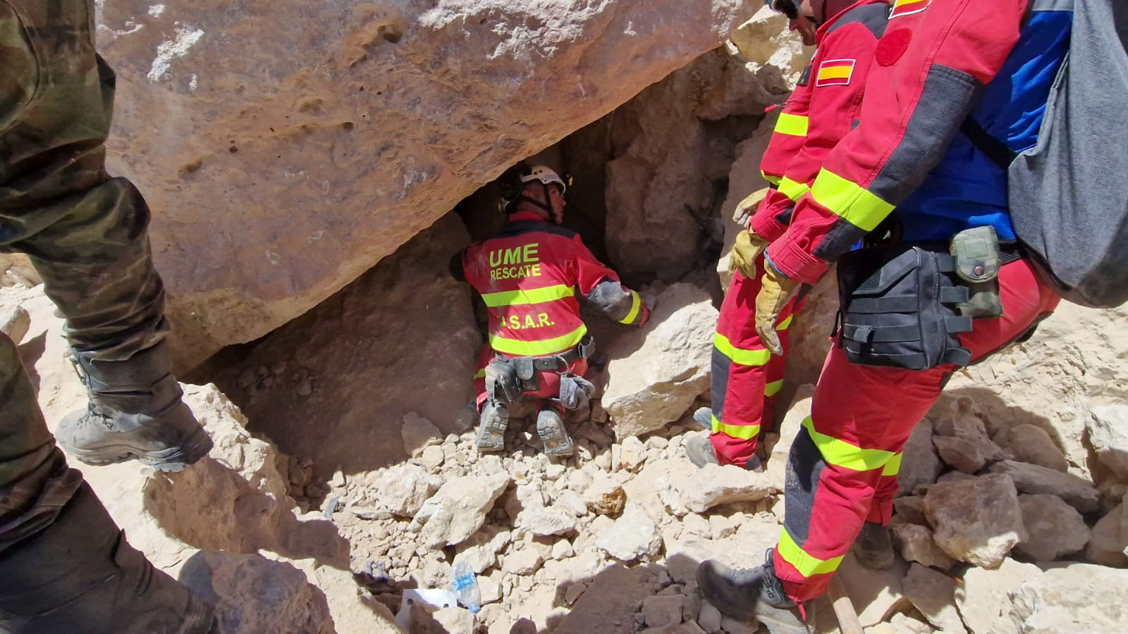 Rescue personnel of Spain's Military Emergency Unit (UME) work on rescue operations in the aftermath of a deadly earthquake, in Anougal, Morocco, September 11, 2023 in this handout image. Spanish Emergency Military Unit (UME)