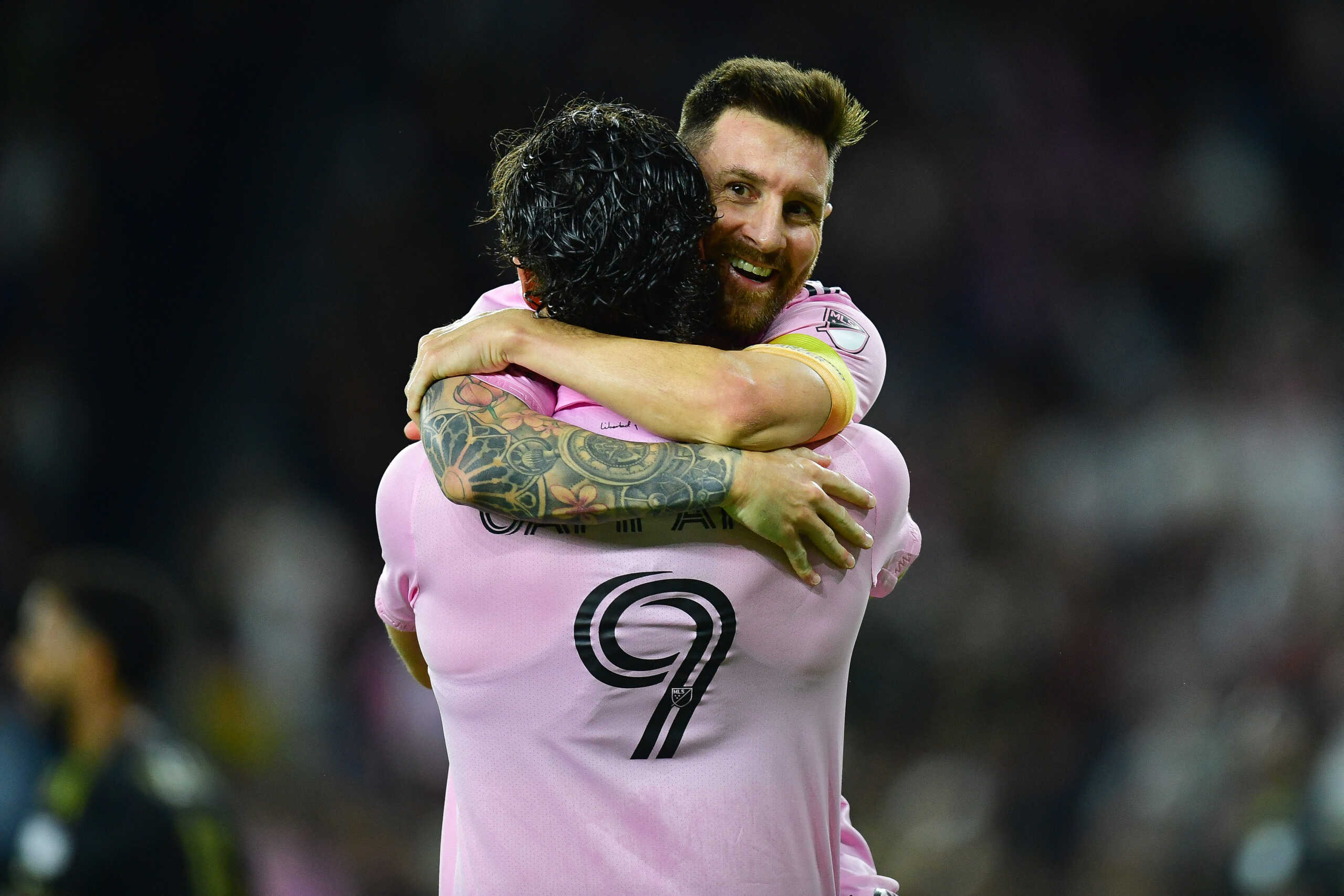 Sep 3, 2023; Los Angeles, California, USA; Inter Miami forward Leonardo Campana (9) celebrates his goal scored against Los Angeles FC with forward Lionel Messi (10) during the second half at BMO Stadium. Mandatory Credit: Gary A. Vasquez-USA TODAY Sports