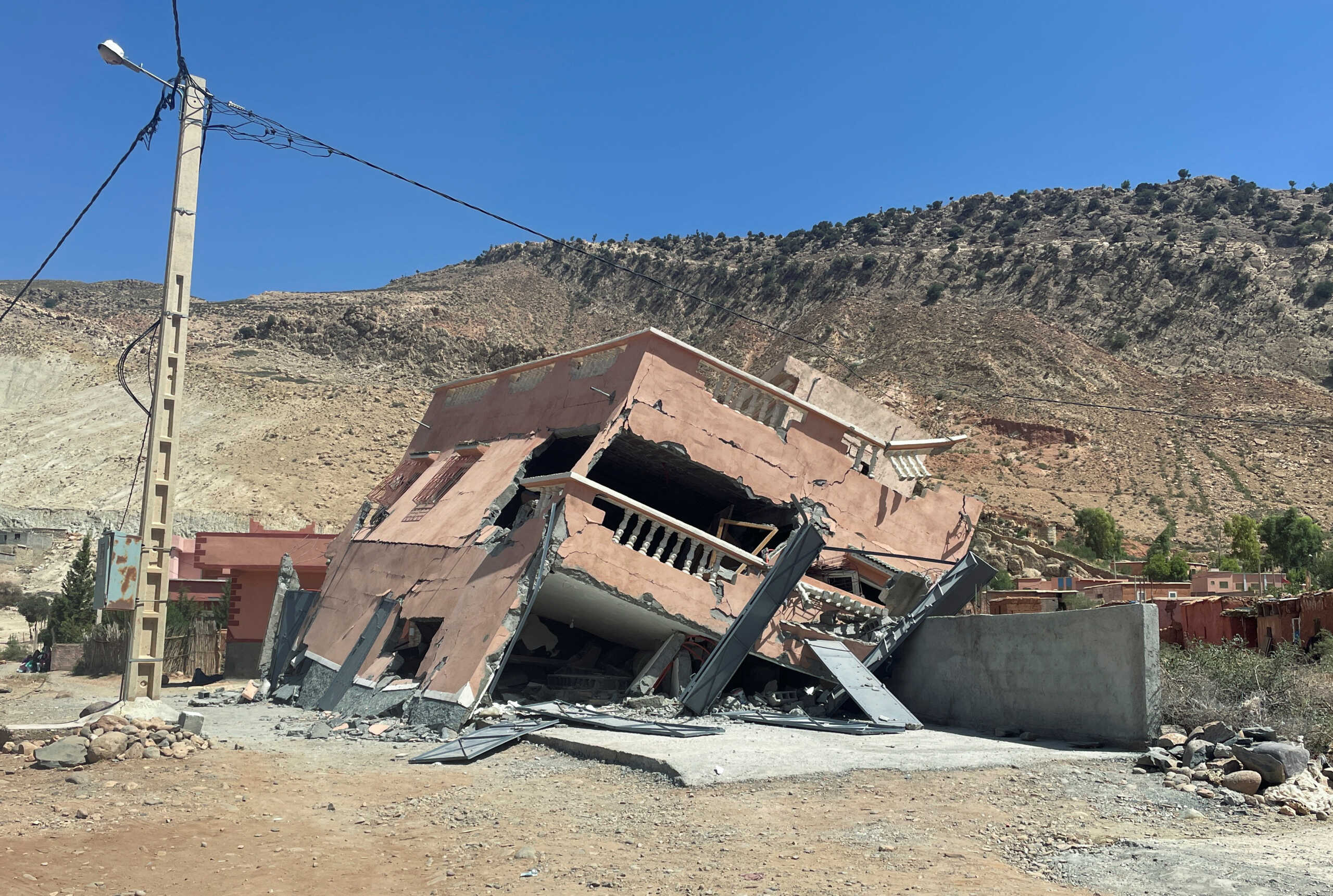 A view shows a damaged building on the road between Amizmiz and Ouirgane, following a powerful earthquake in Morocco, September 9, 2023. REUTERS