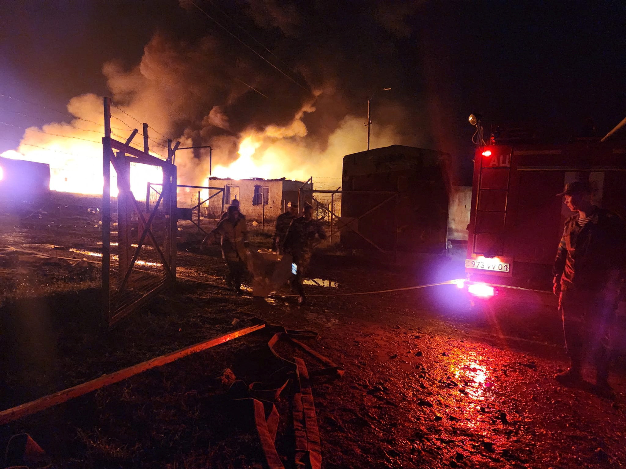 Rescue and medical personnel work following an explosion in the gasoline warehouse near the Stepanakert-Askera highway in Berkadzor, Nagorno-Karabakh in this handout picture released September 25, 2023. Ministry of Internal Affairs, Republic of Artsakh