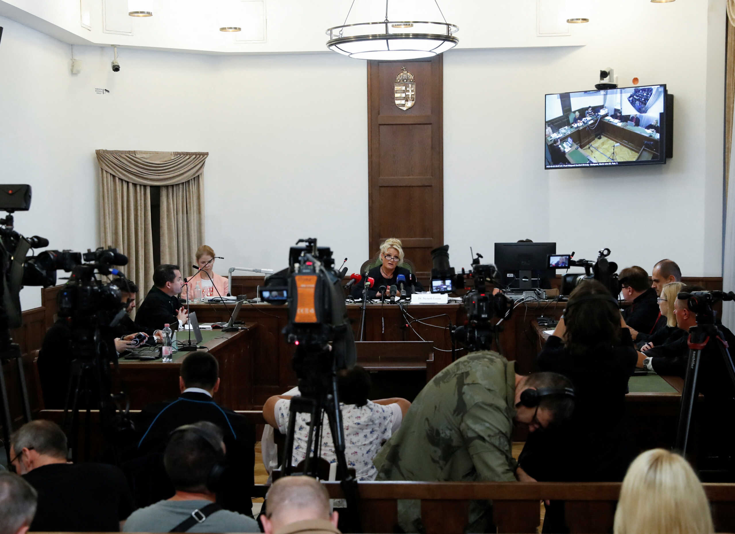 Judge Leona Nemeth speaks on the day of a trial, of the Ukrainian captain of a Swiss cruise liner, charged with gross negligence leading to mass casualties after his ship collided with a tourist boat on the river Danube, in Budapest, Hungary September 26, 2023. REUTERS