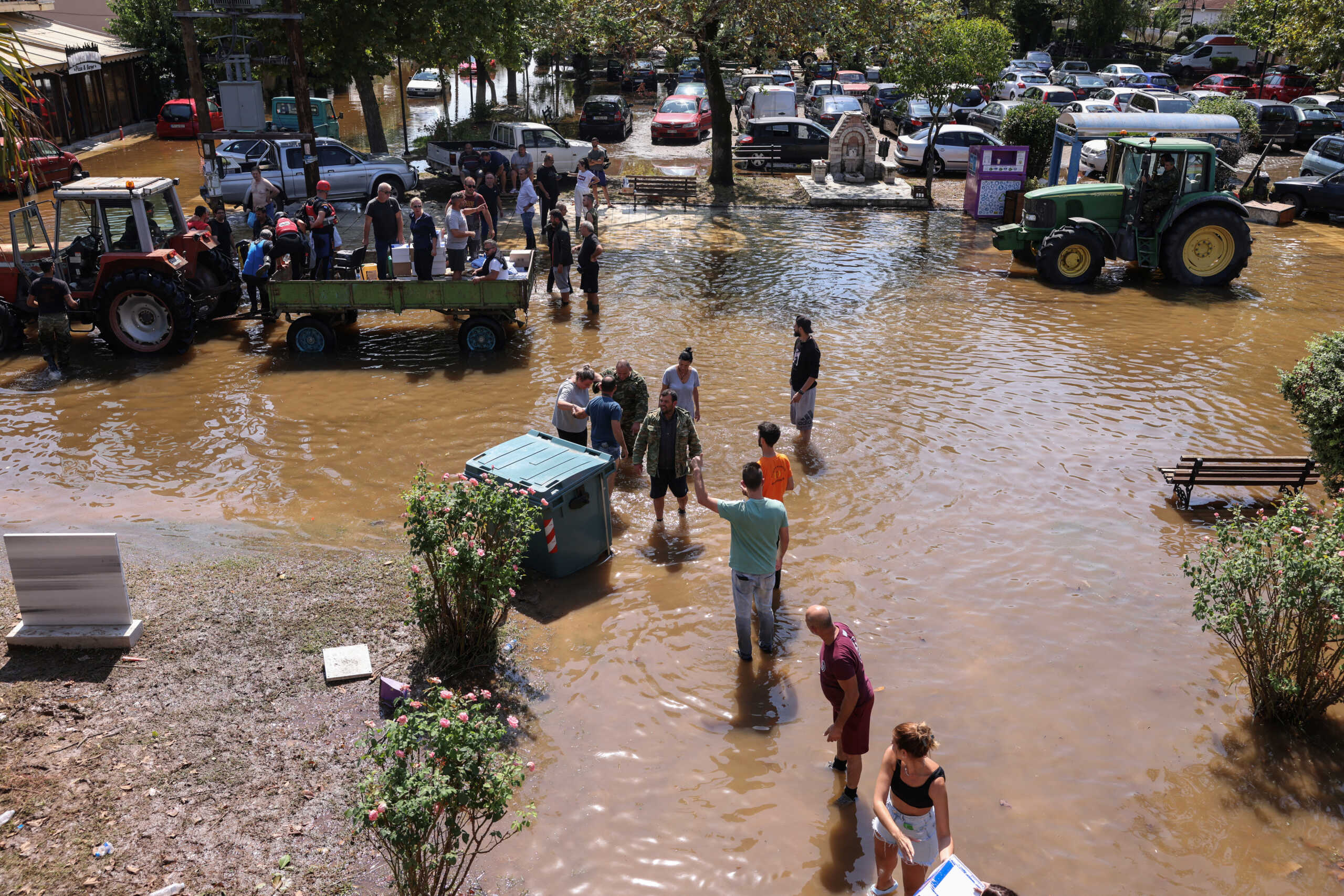 People are evacuated from the flooded village, in the aftermath of Storm Daniel in central Greece, in Megala Kalyvia, Greece, September 8, 2023. REUTERS